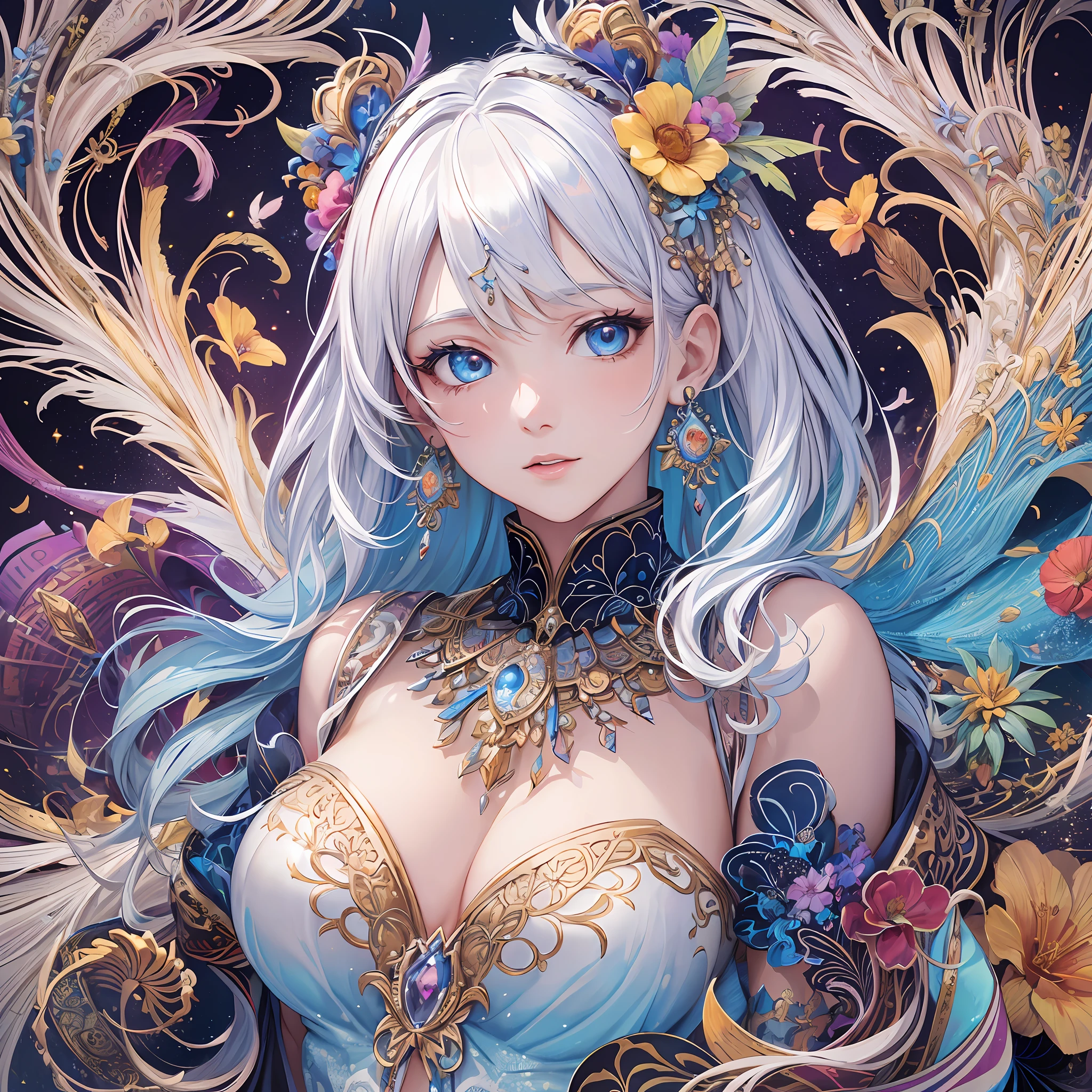 (Masterpiece, Top Quality, Best Quality, Official Art, Beautiful and Aesthetic: 1.2), (1 Girl: 1.3), Very Detailed, (Fractal Art: 1.1), (Colorful: 1.1) (Flower: 1.3), Supreme Detail, (Zentangle: 1.2), (Dynamic Pose), (Abstract Background: 1.3), (Glossy Skin), (Many Colors: 1.4), (Earrings), (Feathers: 1.5), (Wind:1.3), jewels, white hair, wrapped in light, vivid background, phoenix dress, panda ears, blue flowers, vivid eyes --auto --s2