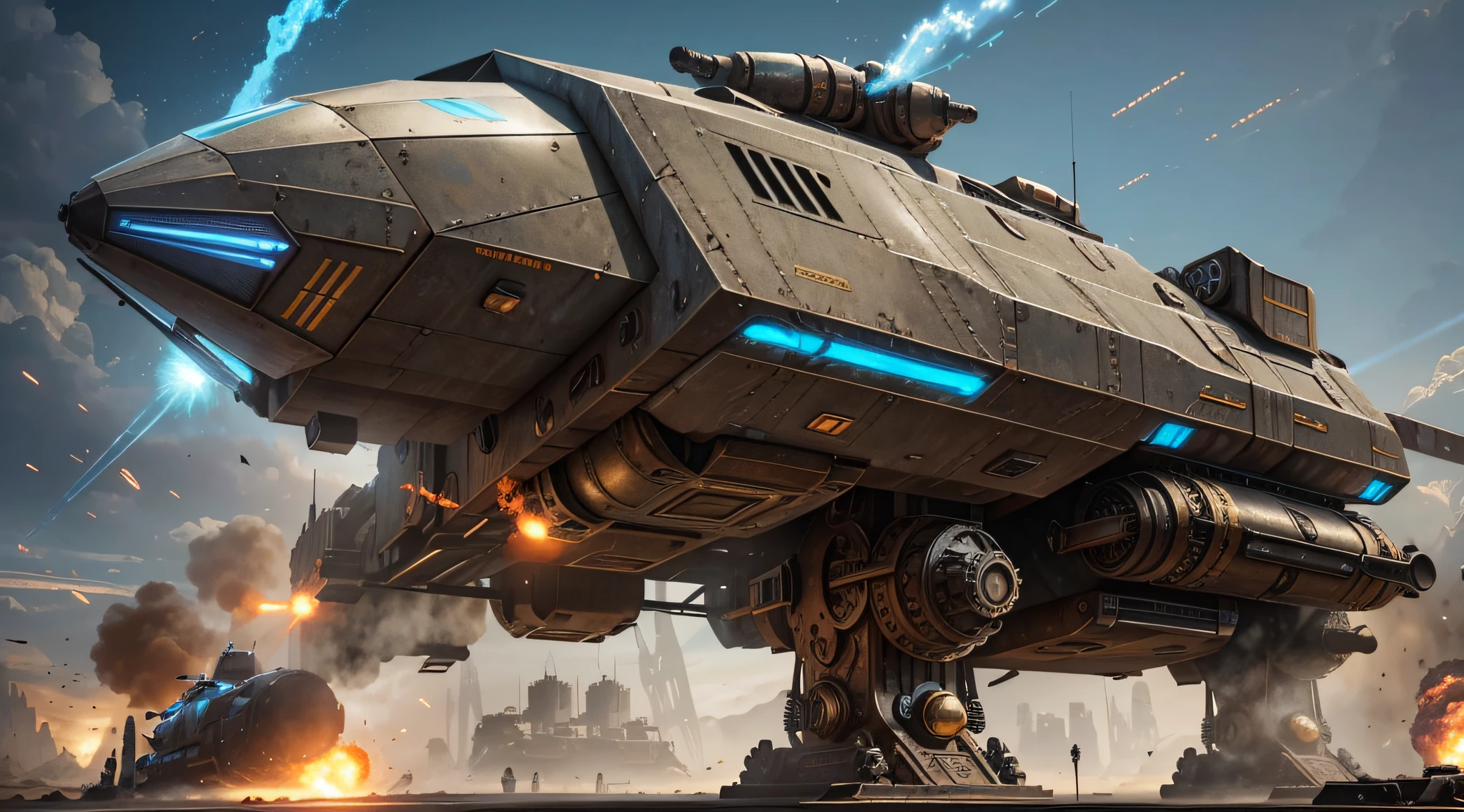 Steampunk style, cold colors, cinematic effects, futuristic sci-fi giant armored car, there are many missiles hanging on the armored body, super details, light and shadow, particle light, particle special effects, blue flame erupting from the tail, ambient lights, surreal sci-fi dock in the background, aesthetic, 8K, top painting, concept art, epic composition, with HD details, metallic texture and tension composition, hyper-realistic, ultra-realistic, rich in detail, 3D.