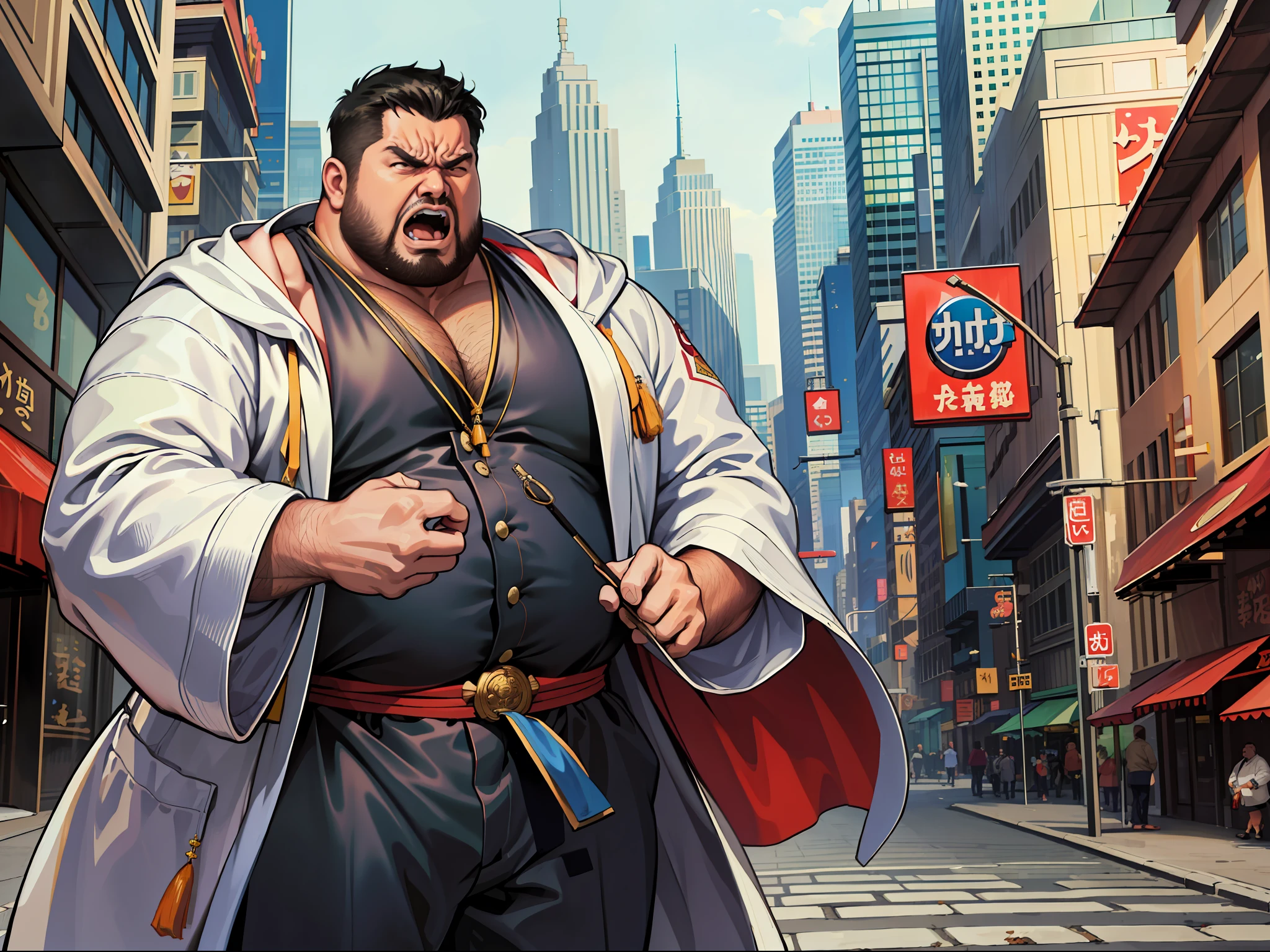 (ridiculous, high resolution, super detailed, realistic,), 1 fat man, robe, rich man, street, angry, angry, tang style, super high resolution, 8K