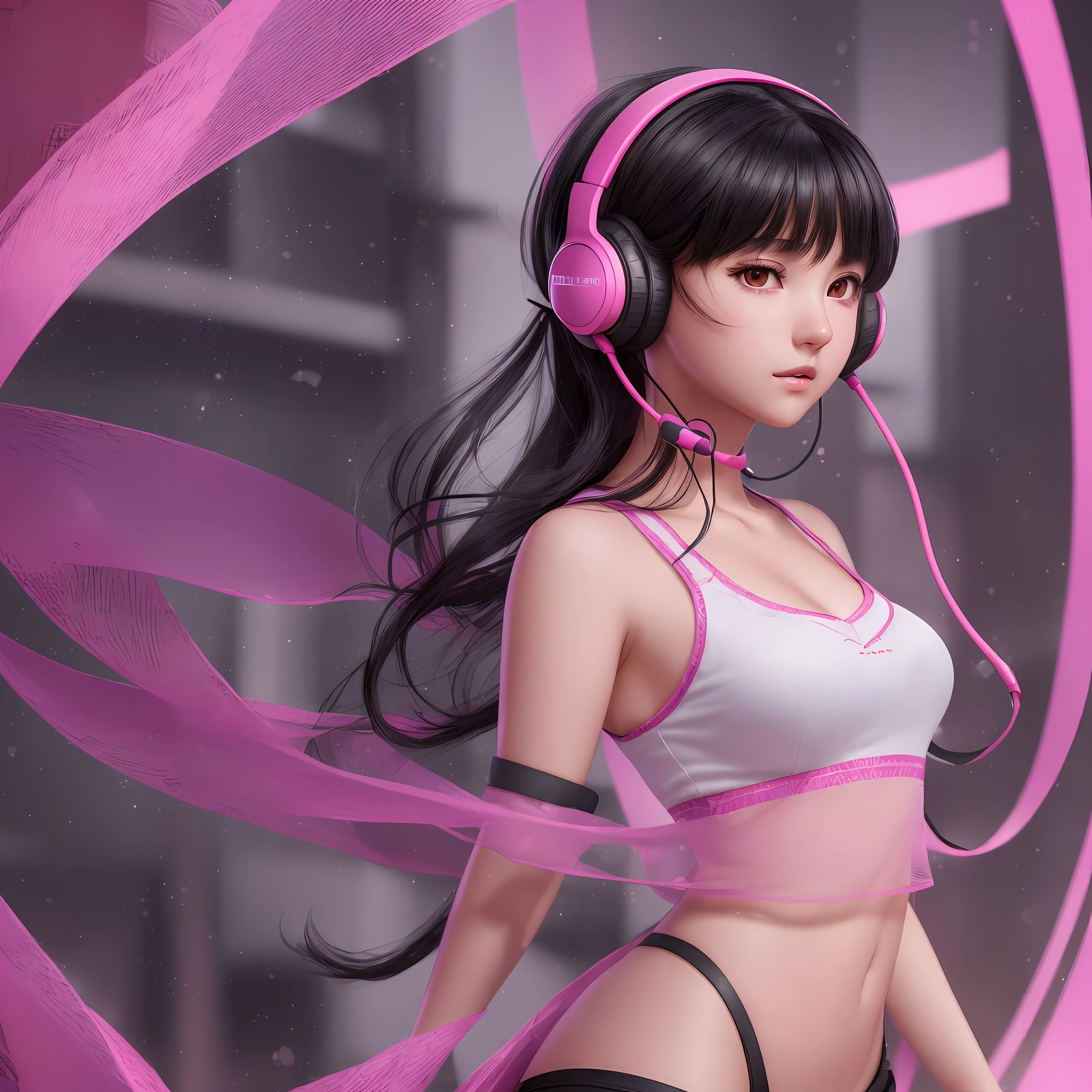 (extremely detailed CG 8k wallpaper unit, masterpiece, best quality, ultra-detailed), (an extremely delicate and beautiful), (1girl), (black hair, red highlights: 1.2), (headphones: 1.3), casual clothes, bright eyes, dynamic open-legged pose, blurred pink and purple background. --auto --s2