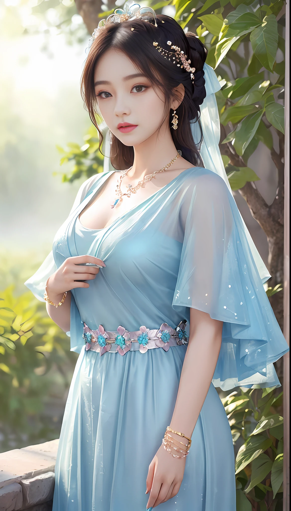 (1girl:1.3), Chinese woman, beautiful Chinese woman, 22 years old female model, solo, (((very detailed face)))), ((very detailed eyes and face))), beautiful detail eyes, official art, unified 8k wallpaper, super detailed, beautiful and beautiful, beautiful, masterpiece, best quality, original, masterpiece, super fine photo, best quality, super high resolution, realistic realism, sunlight, full body portrait, perfect figure, (hairstyle casual, no leakage big breasts: 1.3), Perfect figure, perfect proportions, S-shaped body, double eyelids, big eyes, pink lips, dimples, shiny skin, sweat, amazing beauty, dynamic pose, delicate face, vibrant eyes, (from the front), She wears a blue dress, blue dress, hair accessories, necklaces, jewelry, bracelets, detailed face, messy, gorgeous, milky white, highly detailed skin, realistic skin details, visible pores, clear focus, volumetric fog, 8k uhd, high quality, fair skin, photo realism, semitransparent