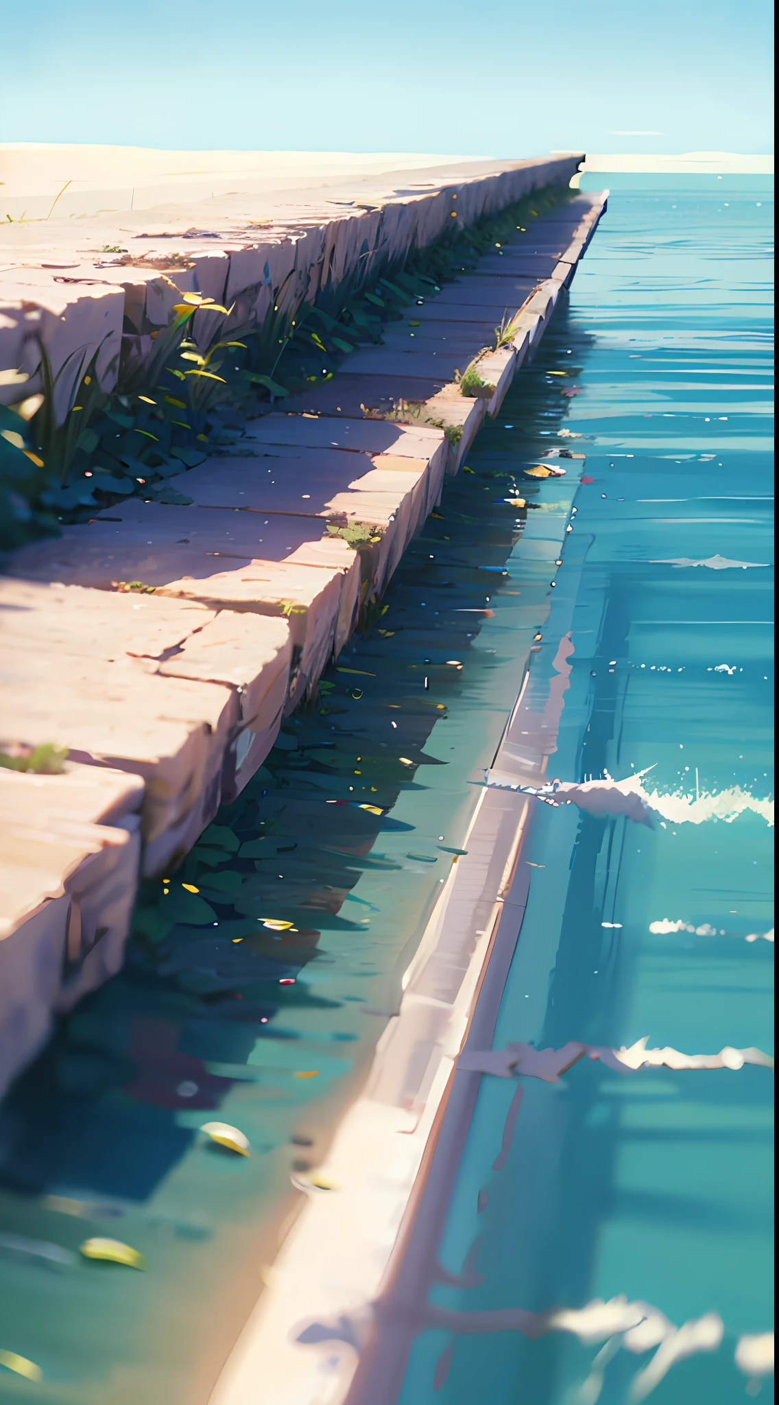 no humans, scenery, vanishing point, from below, masterpiece, best quality, 8k, absurdres, water surface, summer, noon, sunlight, blue sky, perspective, depth of field, highres, finely detail, ultra-detailed, sharp focus