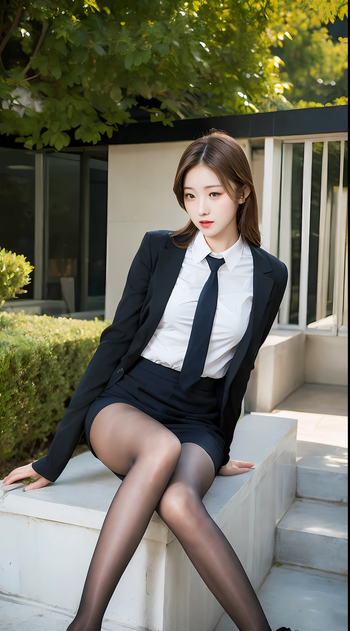 Best quality, full body portrait, delicate face, pretty face, 25 year old woman, slim figure, small bust, OL uniform, office clothes, black stockings, outdoor scene, sitting position