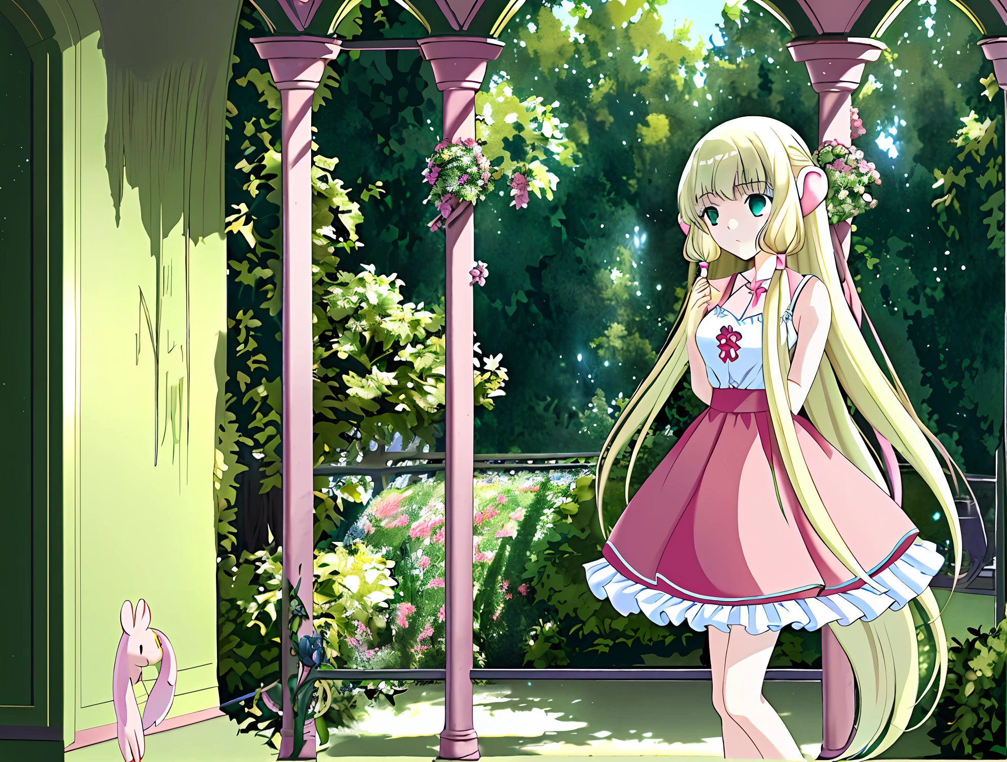 (Ultra HD sharp CG wallpaper), (animated girl, green dress, long blonde hair: 1.2), (cute, , cute girl, cute female image), (beautiful clothes, chibi anime girl, loliskirt), (kavasi, advanced digital art, loli's le curves), (green and gold: 1.3 + blue + orange: 0.9+ pink, hair), (animated eyes: 1.2, blue), (background details: splash art, fallen leaves, forest, pink flowers circling, Light fluttering leaves, fairy air is rich), (main emphasis: loli standin front of a tree), (painting style: cute, cute), (lens effect: dreamy, detailed), (lighting: soft light, warm), (filter: watercolor painting), (Embedding: anime visual