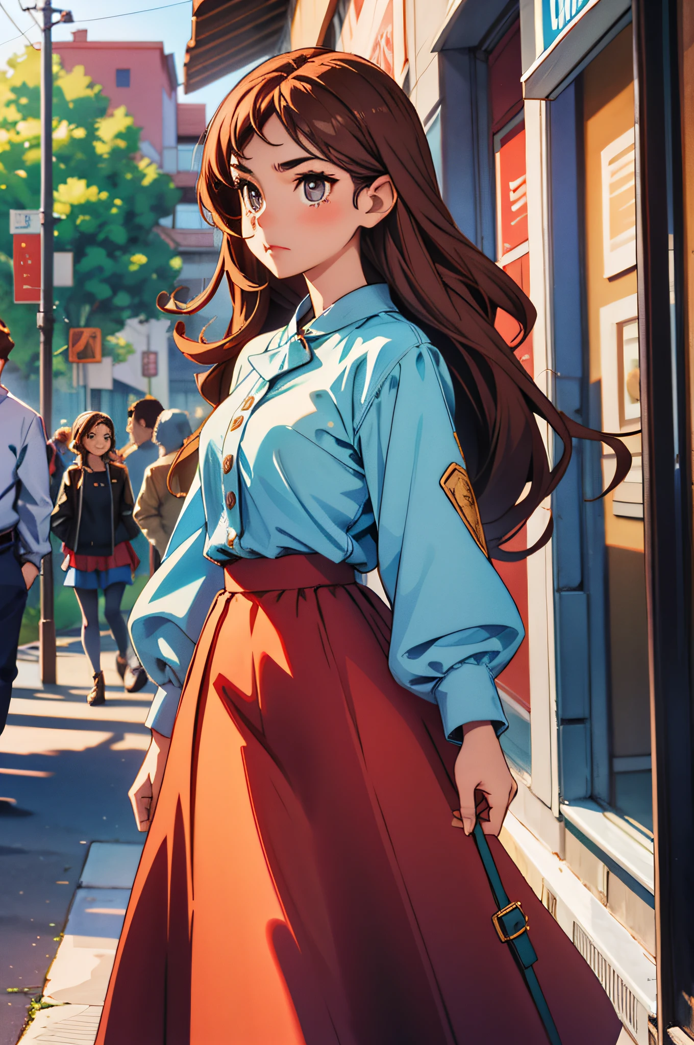 Brown long hair girl, blue blouse, red long skirt, walking forward.
