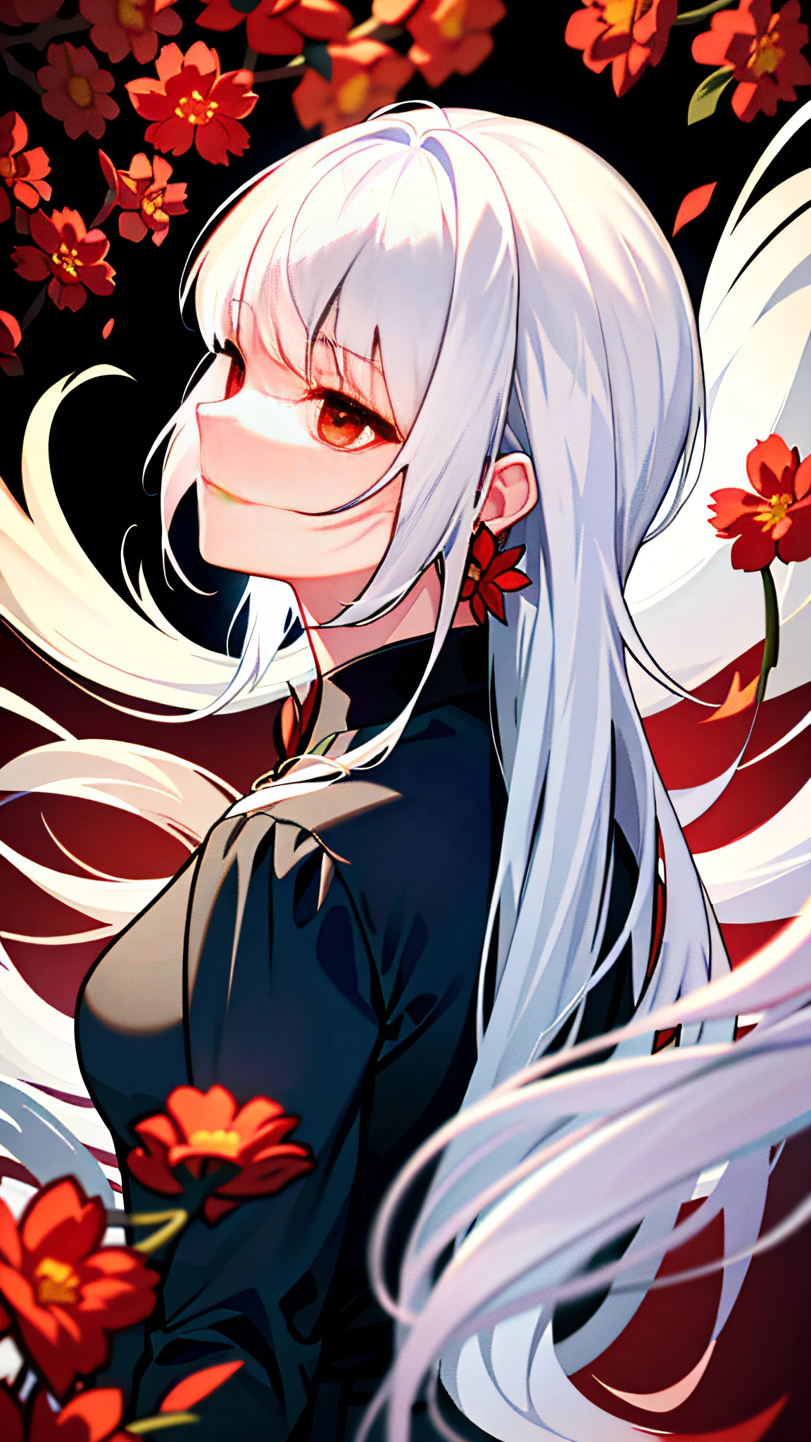 A girl, solo, flowers, full body portrait, leaves, bangs, white hair, long hair, red eyes, flower earrings, nine foxtails on the back