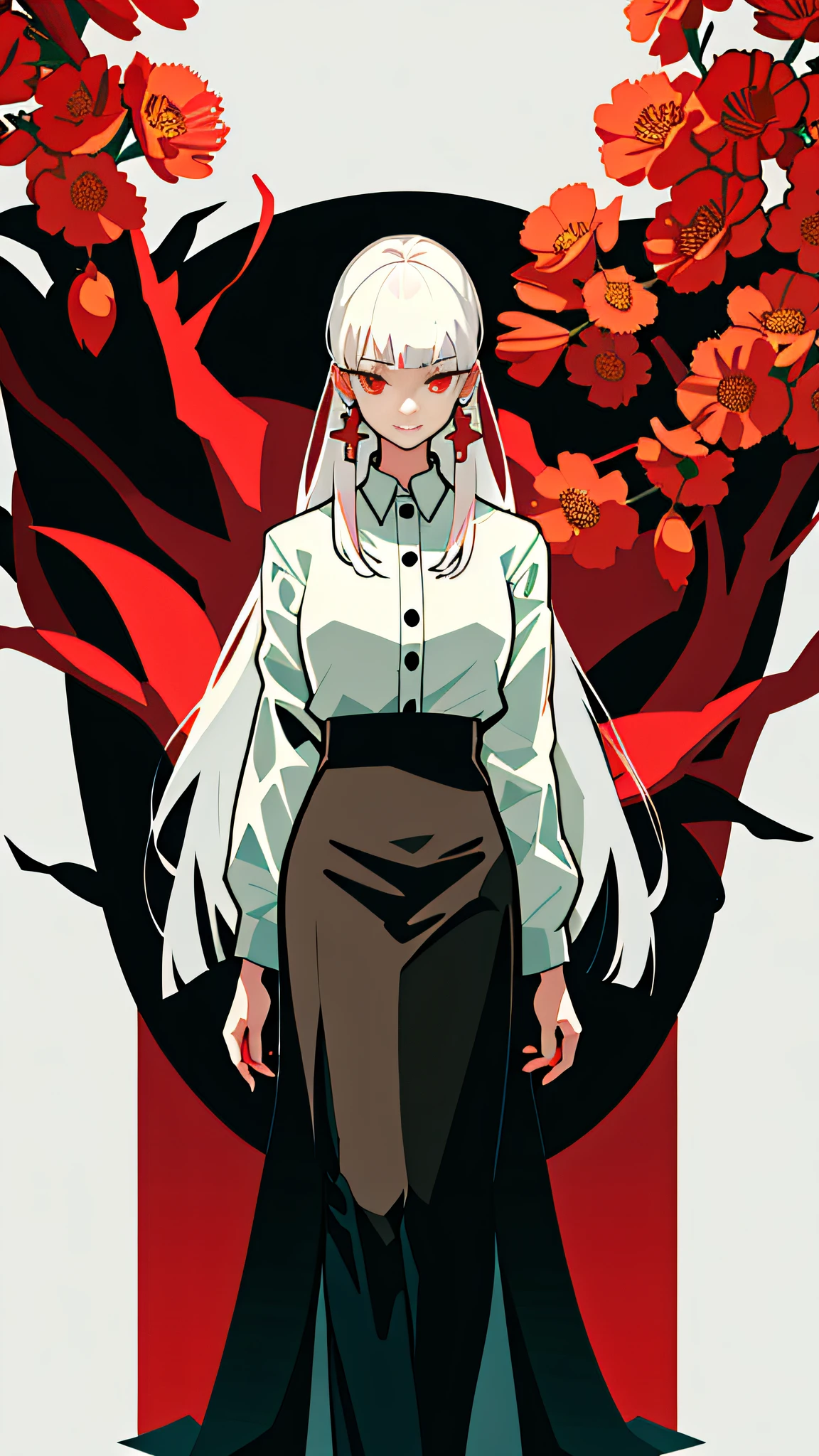 A girl, solo, flowers, full body portrait, leaves, bangs, white hair, long hair, red eyes, flower earrings, nine foxtails on the back