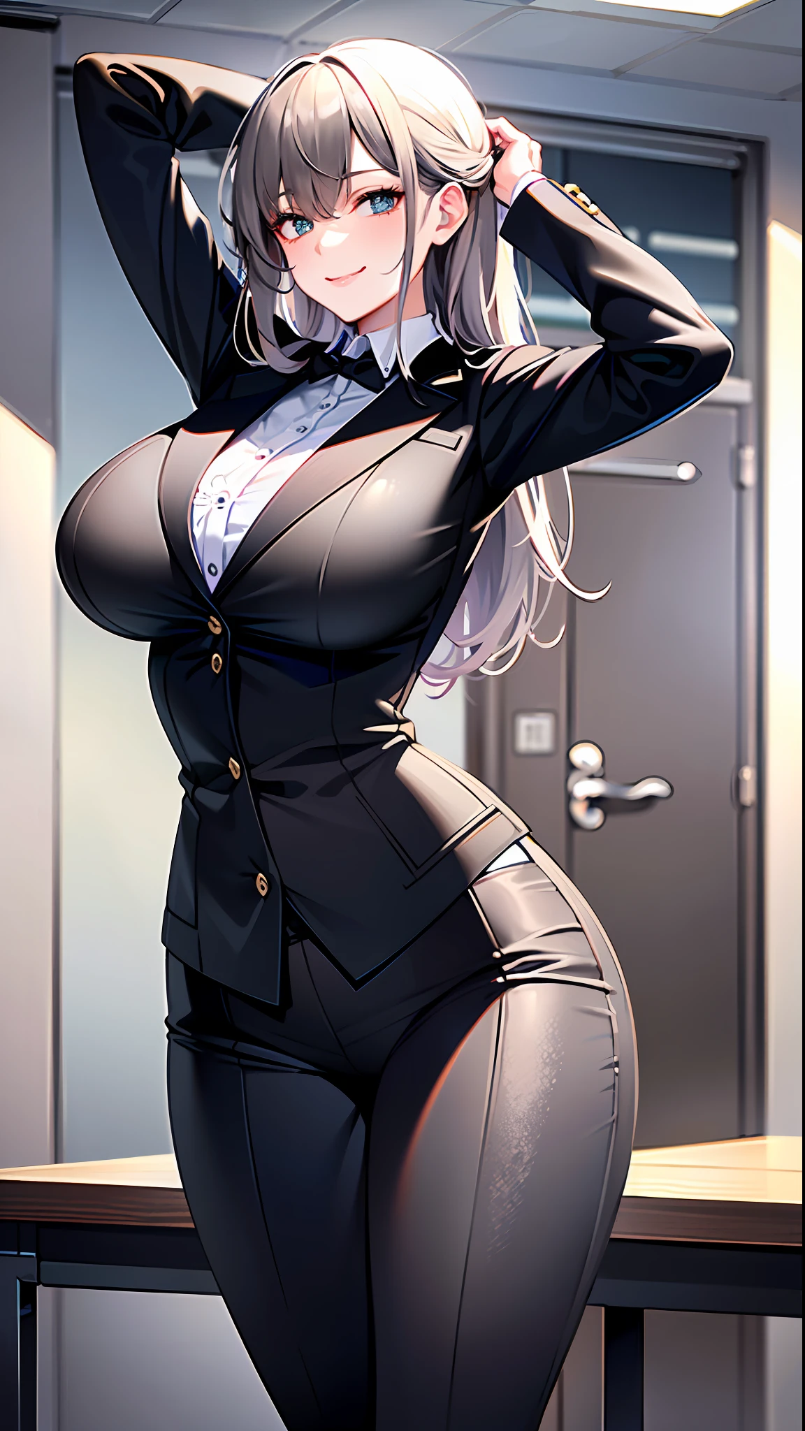 (Best quality, 8k, 32k, Masterpiece, UHD:1.2), 1girl, beautiful woman,long hair, wide hips,gigantic breasts,gray suit,office lady, suit, pants, front, office room, desk, (stretches buttocks:1.2), detailed face, short hair, looking at the viewer,smiling