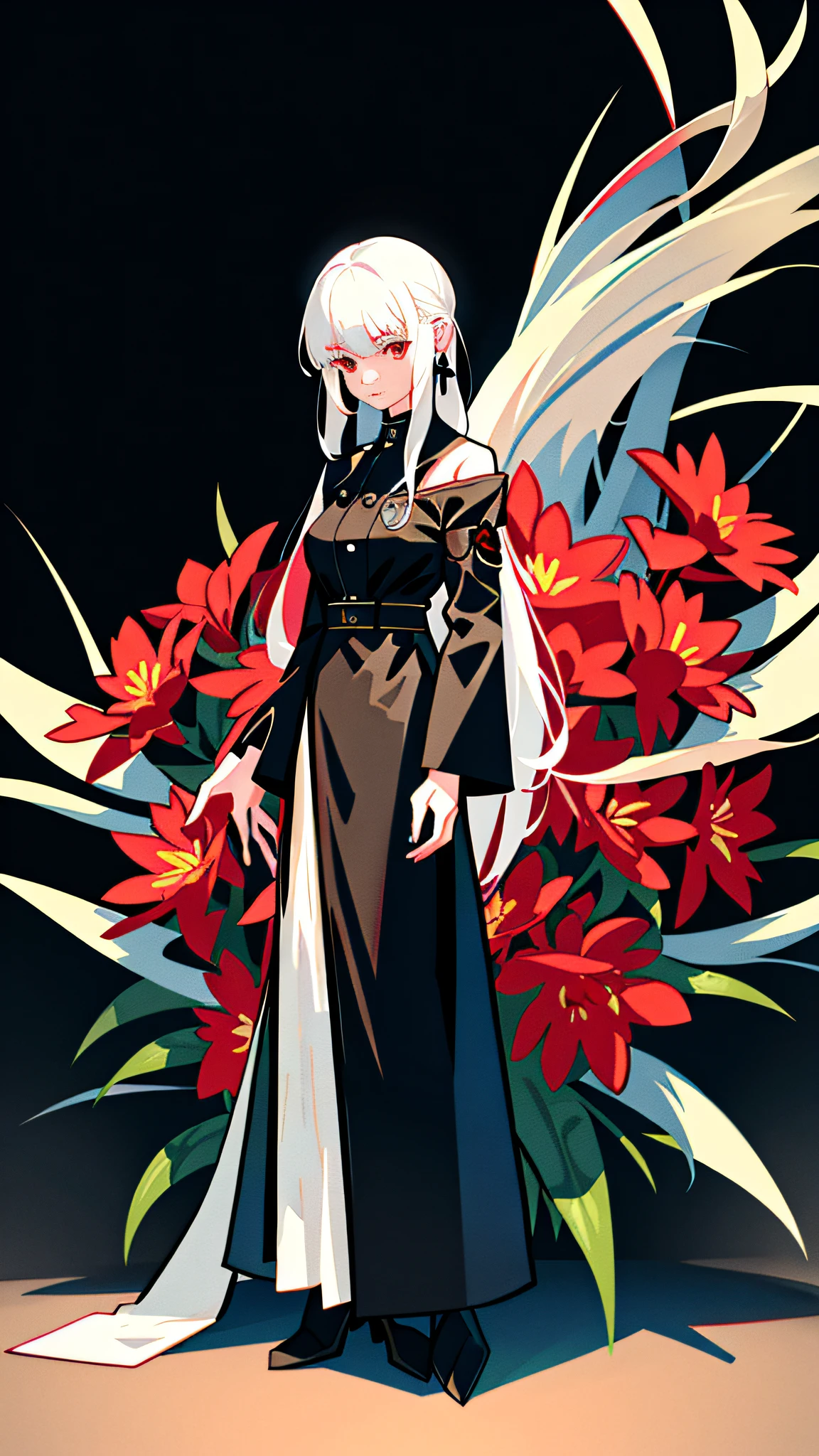 A girl, solo, flowers, full body portrait, leaves, bangs, white hair, long hair, red eyes, flower earrings, nine foxtails on the back