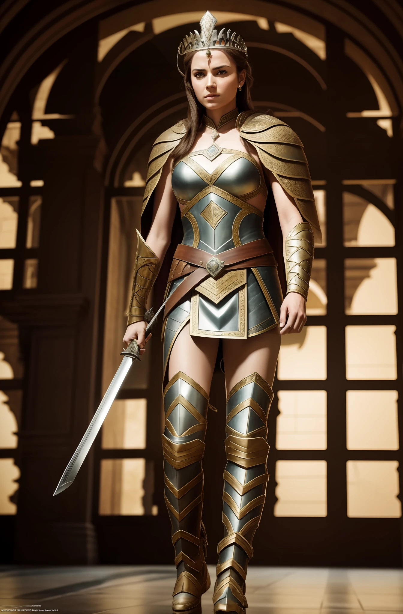 a warrior queen holding a sword and walking towards the camera, dramatic perspective, dramatic composition, ultra realistic, concept art, sony A9, 45-70mm, F40, perfect hands, photorealistic, photographic