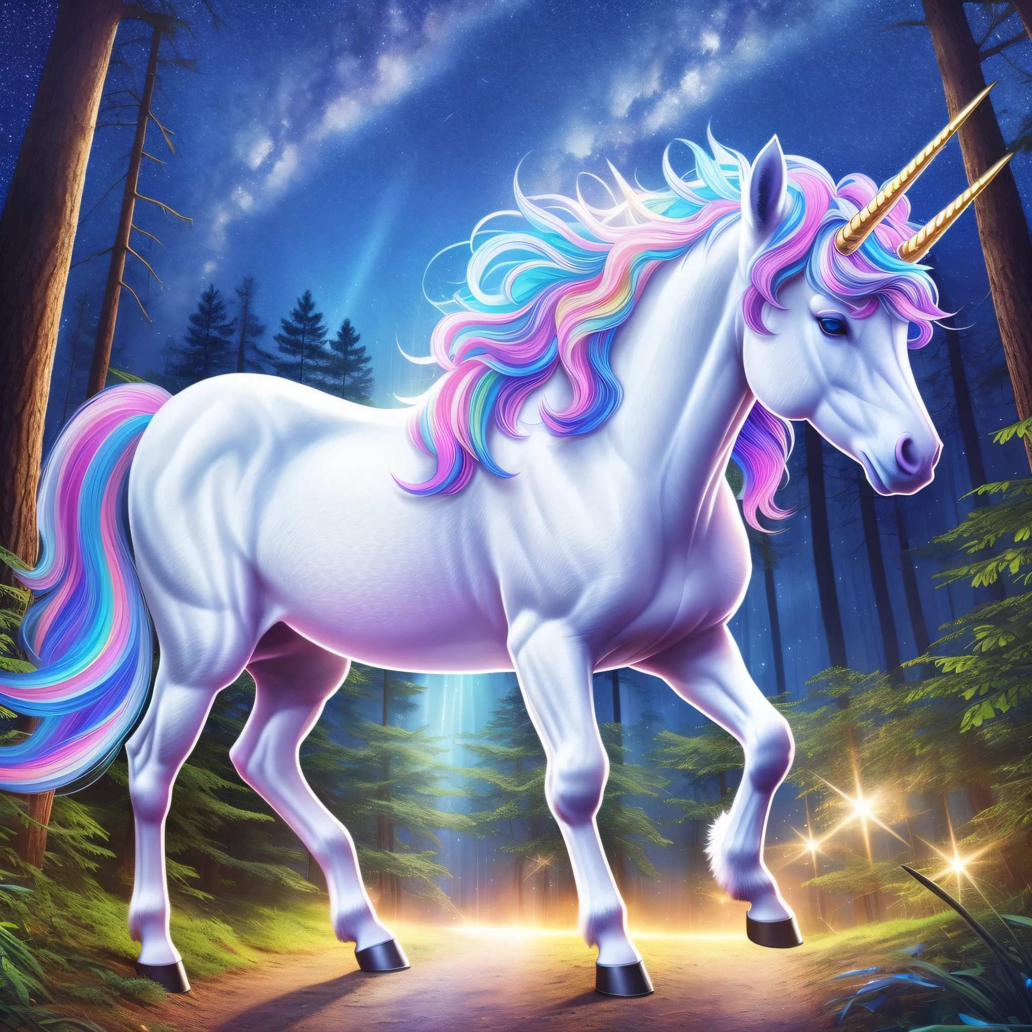 Unicorn, full of rays, starry sky, bright paws, detailed coat, mystical feature, forest scenery, golden hair, super bright blue eyes