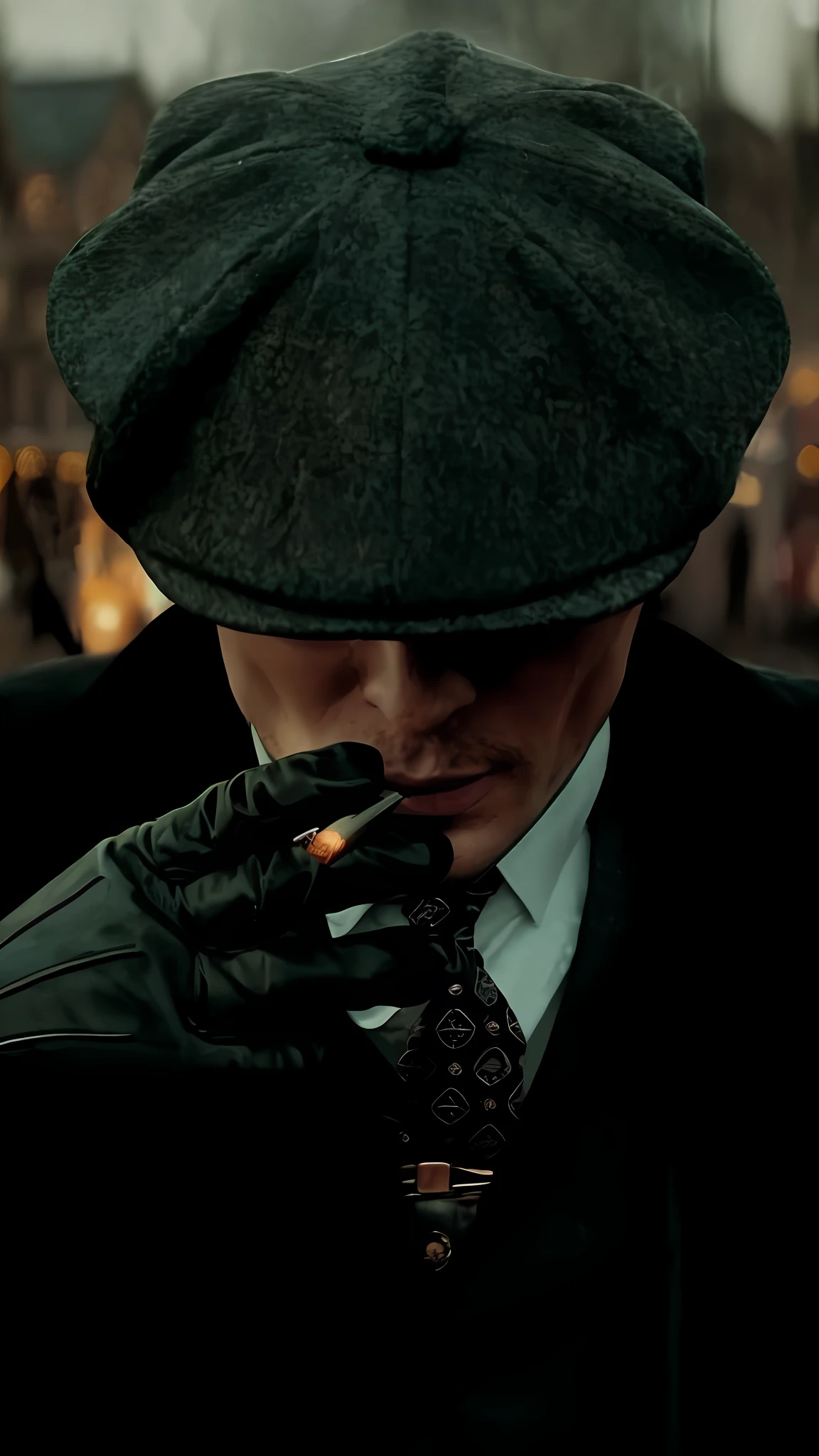 there is a man in a hat and tie smoking a cigarette, costumes from peaky blinders, peaky blinders, peaky blinders (2018), the riddler, moody strange cinematography, noir detective and a fedora, tom hardy as henry dorsett case, mads mikkelsen smoking cigarette, neo noir style, inspired by Max Magnus Norman