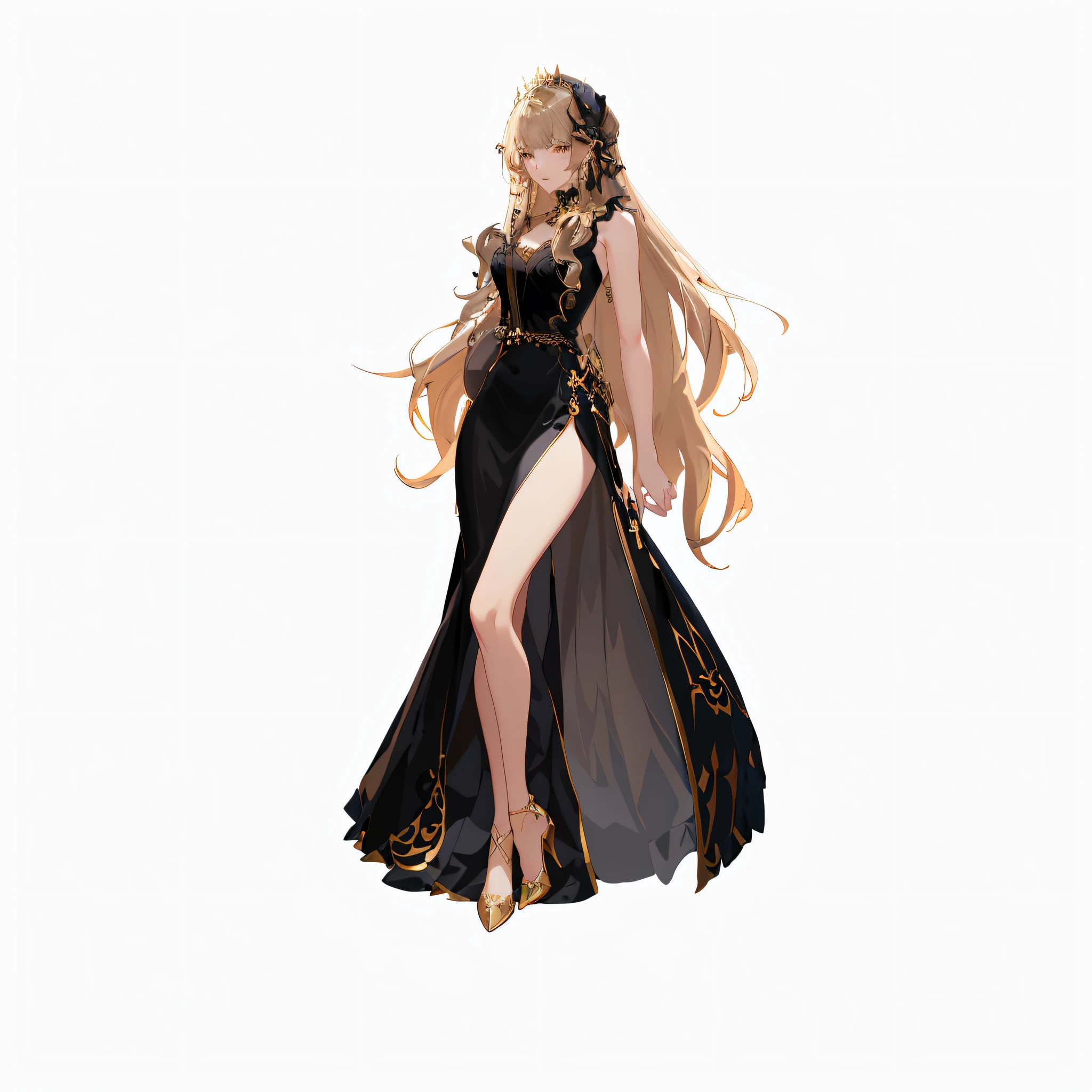 Split black long dress, luxurious, sideways posture, skirt with gold lines, floating, black dress anime girl holding a long sword, wearing a fairy costume, the character is from the girl front, full of key artistic feminization. Based on the style of April rendering, it combines various rendering techniques such as Guvez and Mirabel Madrigal to show the intricate WLOP style. Crafted by Yang J, the details are exquisite.
