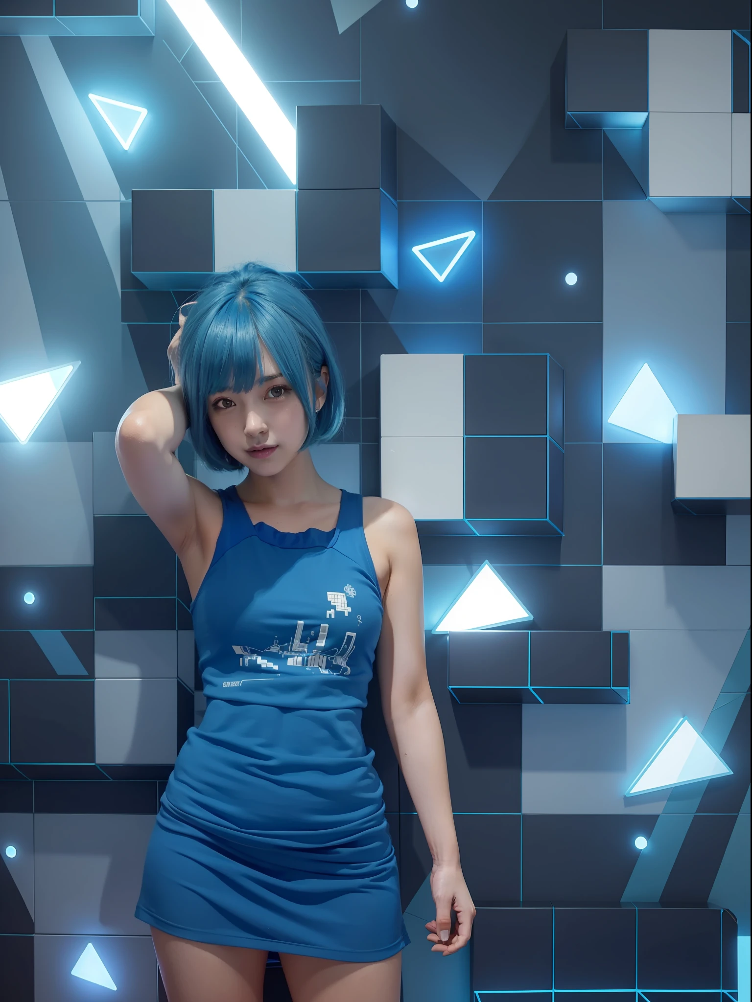 Blue haired woman standing in front of Tetris wall, girl with short blue hair, inspired by video games, girl with blue hair, realistic anime 3D style, perfect body, seductive smile, sexy tank top, tight skirt