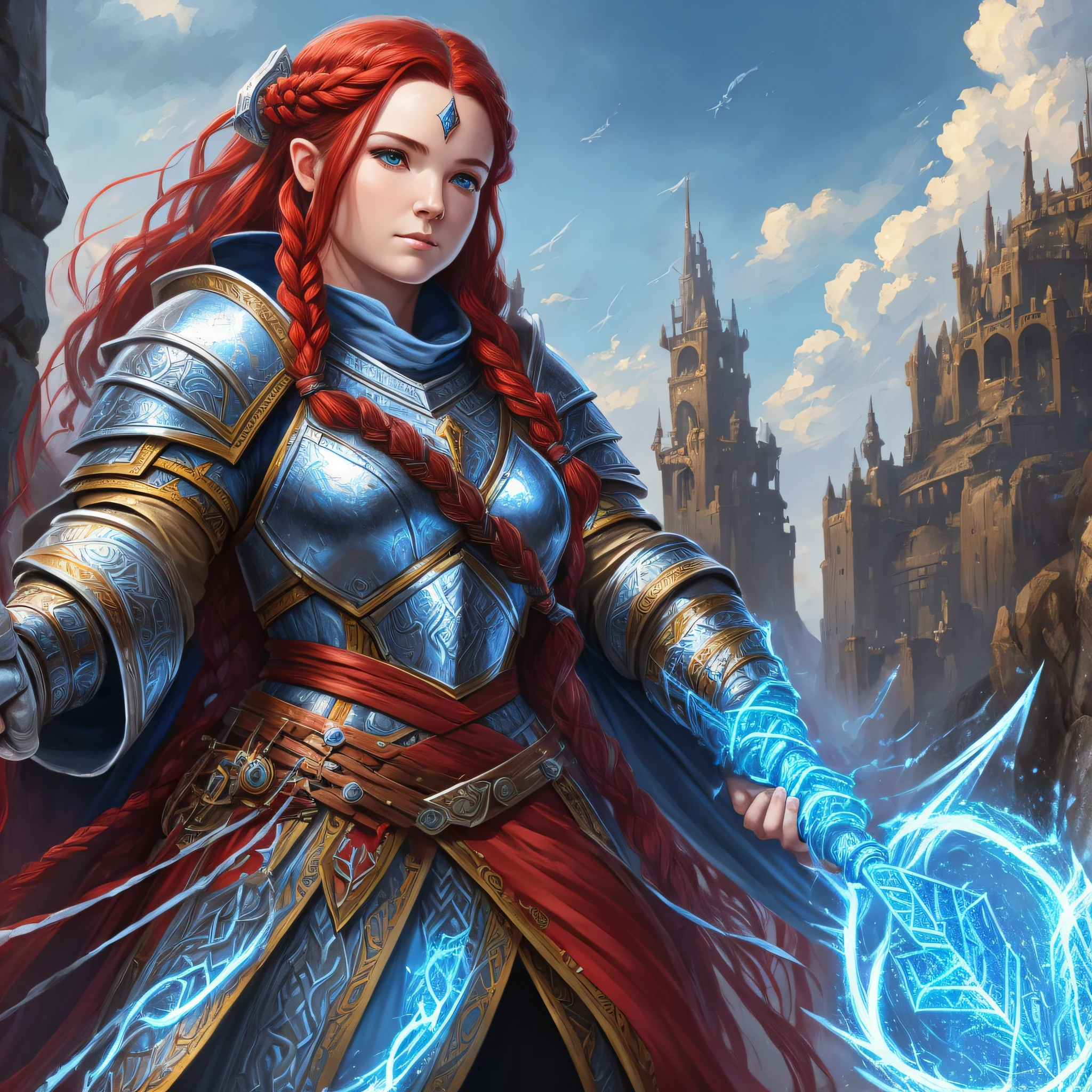 dwarf woman with long red braided hair 4k fantasy art style, in a blue cloak and white heavy armor 4k fantasy art style, fantasy art casting a spell 4k fantasy art style , female, long braided red hair 4k fantasy art style, epic female cleric, casting a divine spell 4k fantasy, wearing white heavy armor and blue cloak with axe sigils and holy symbol 4k fantasy art in a fantasy battlefield --auto --s2