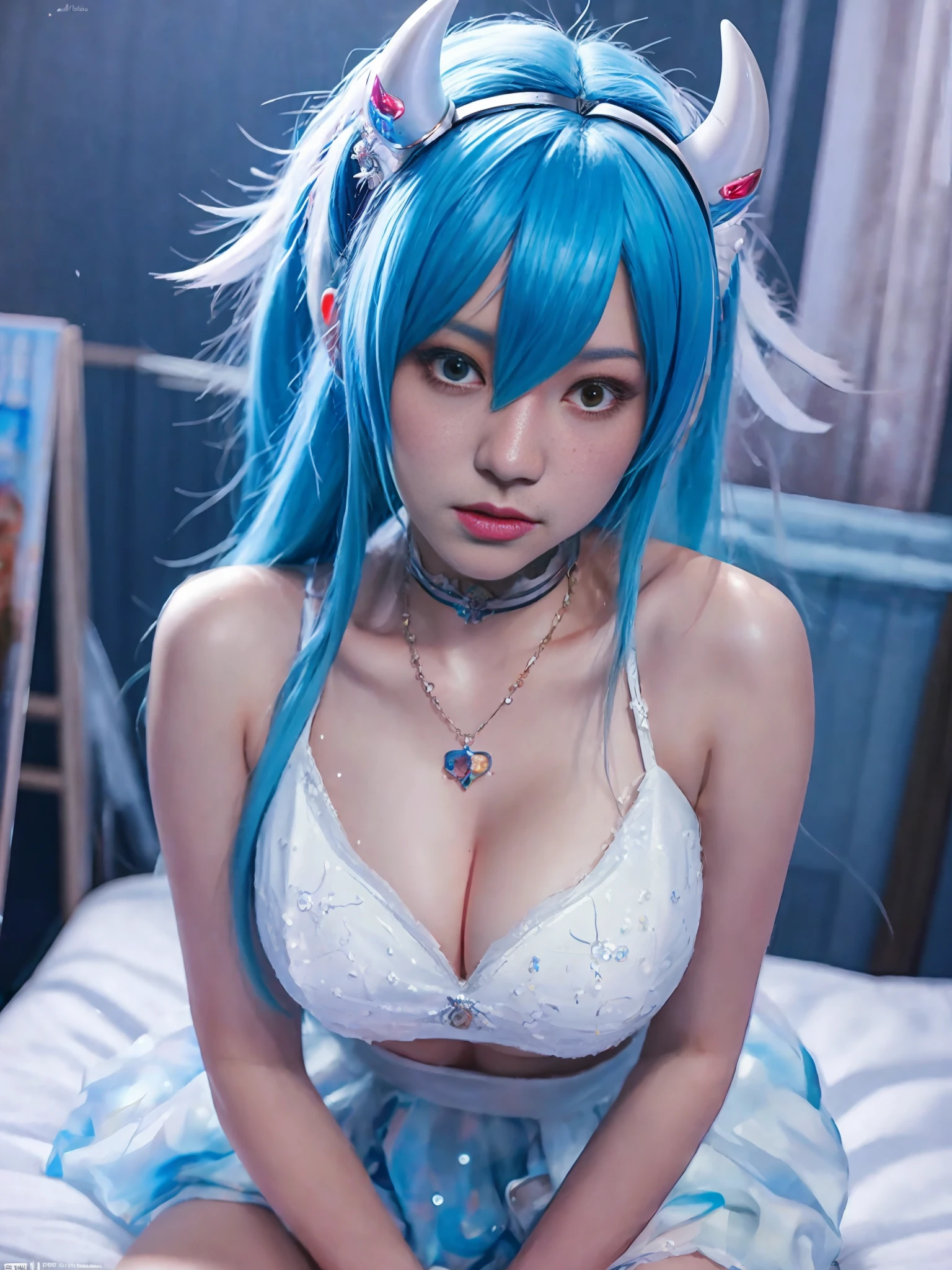 Top quality, 8k, 32k, Masterpiece, photo realistic, realistic, anime girl with blue hair and horns sitting on bed, seductive anime girl, [digital art 4k]!!, detailed anime digital art, anime! 4k, animation! 4k, anime style 4k, highly detailed artgerm, guweiz at artstation pixiv, digital anime art, mikudayo, guweiz at artstation pixiv, professional makeup, necklace, very big breasted woman, (seductive pose), Sexy, beautiful white face shining, beautiful face, pink cheeks, beautiful lips, porcelain skin, detail intricate, super detailed, super high, highest detailed, high detailed, delicate, incredible detailed, fine detailed, cinematic lighting, top quality, masterpiece, smooth and beautiful, CG , unity, 8k wallpaper, Stunning, fine detail, unity CG wallpaper 8k ultra detailed, large file size, ultra detailed, high resolution, incredible detail, stunning detail, depth of field, oil painting effect in Rembrandt art style, concept portrait art in Stanley Artgerm Lau style, WLOP, trending on Artstation, epic, trend in society, detailed digital painting, very high quality model.