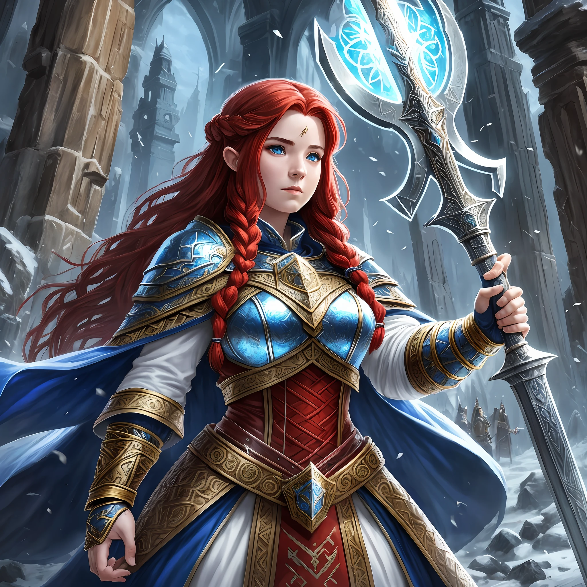 dwarf woman with long red braided hair 4k fantasy art style, in a blue cloak and white heavy armor 4k fantasy art style, fantasy art casting a spell 4k fantasy art style , female, long braided red hair 4k fantasy art style, epic female cleric, casting a divine spell 4k fantasy, wearing white heavy armor and blue cloak with axe sigils and holy symbol 4k fantasy art in a fantasy battlefield --auto --s2