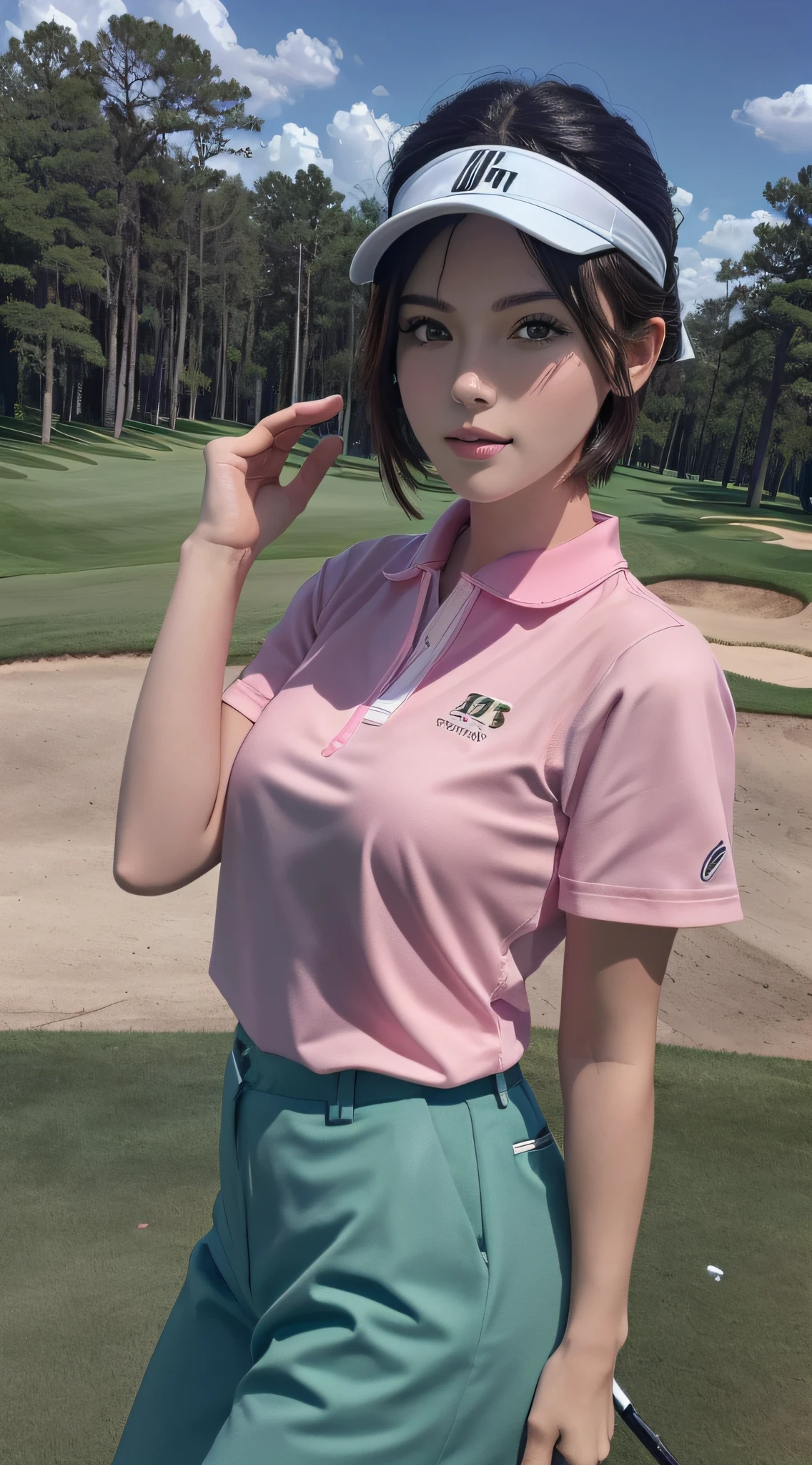 (Masterpiece: 1.3), (8k, photorealistic, RAW photo, best quality: 1.4), (1girl), beautiful face, (realistic face), (black hair, short hair: 1.3), beautiful hairstyle, realistic eyes, beautiful detail eyes, (realistic skin), beautiful skin, (pink golf wear), absurd, attractive, ultra high resolution, ultra realistic, high definition, golden ratio, (golf_ Wearing outfit, wearing golf_Sun visor), cute, girls, golf, fashionable golf wear