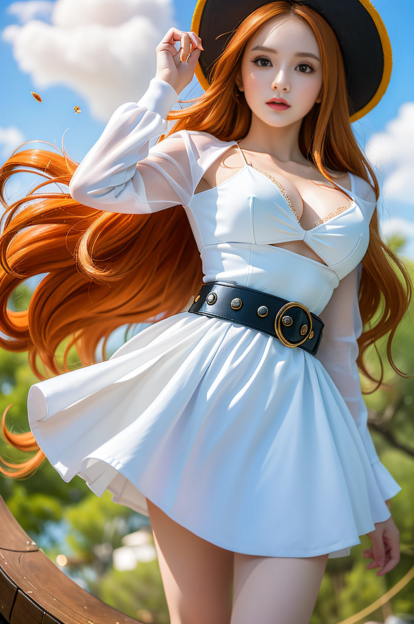(((masterpiece+best quality+high resolution+ultra-detailed))), 1girl with clima-tact, Nami, long silky orange hair, high nose, sharp eyes, noble and inviolable temperament, (([female]: 1.2 + [beauty]: 1.2 + orange long hair: 1.2)), pirate ship background, blue sky, clouds, bracelets, white long sleeve mini dress and donned another belt, bright eyes, dynamic angle and posture.