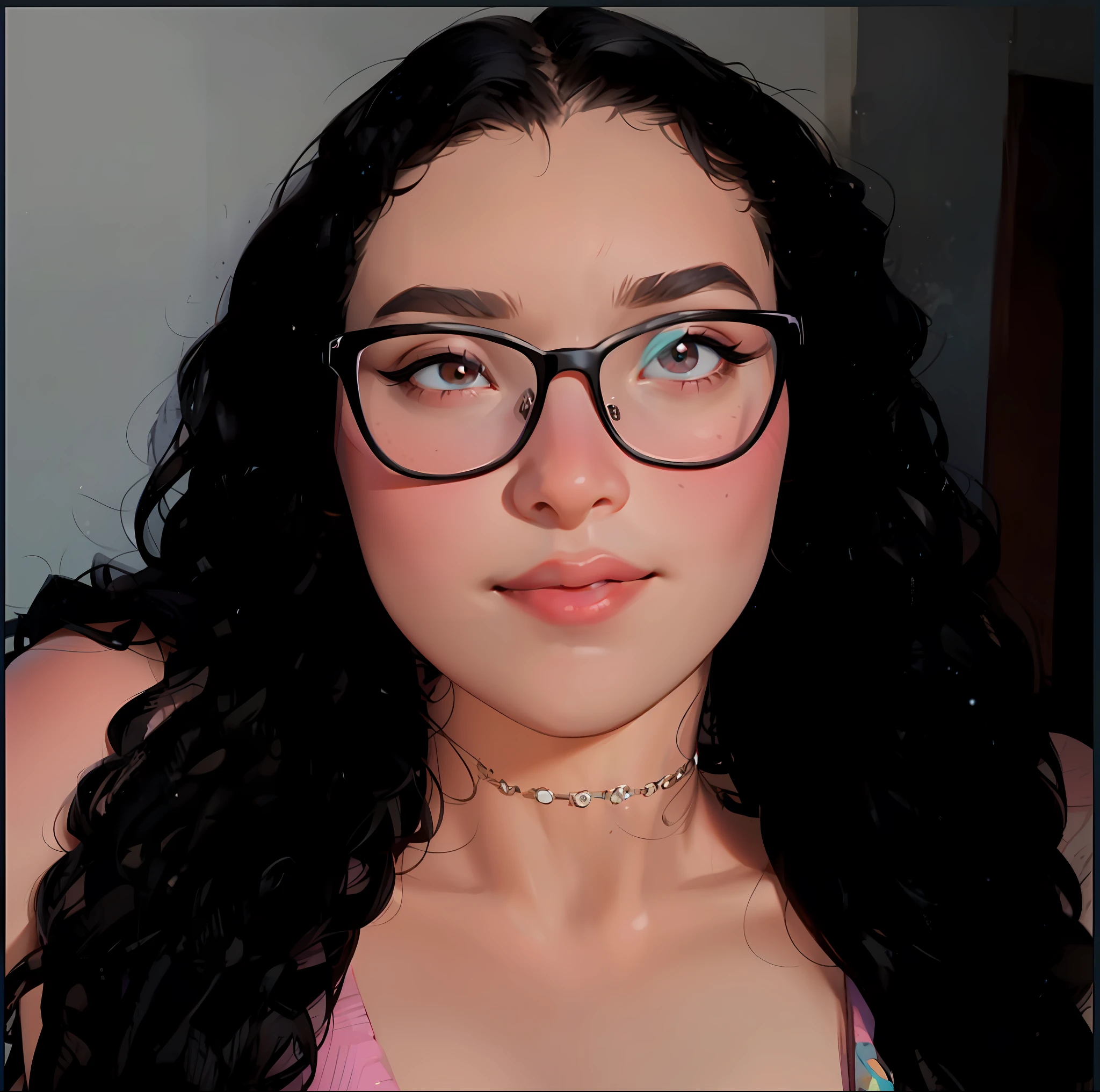 there is a woman with glasses and a pink top posing for a photo, headshot profile picture, wavy long black hair and glasses, profile picture, alanis guillen, violet myers, by Nándor Katona, high quality portrait, profile picture, photo taken on 2 0 2 0, professional profile picture, very low quality image, Headshot half body, well defined brown eyes ultra realistic, lips with pink lipstick
