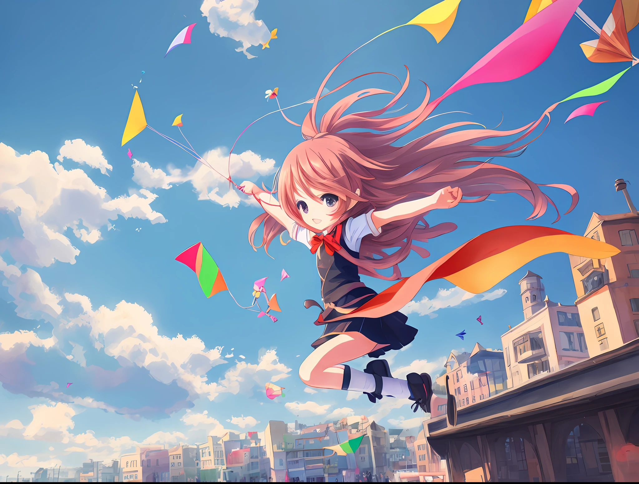 Anime girl flying kite in square, chibi anime style 4K wallpaper, cute anime, strong sense of art, super high definition, anime wallpaper 8K, 4K anime wallpaper, 4K anime girl chibi, art style, cute and charming 8K anime girl visual.