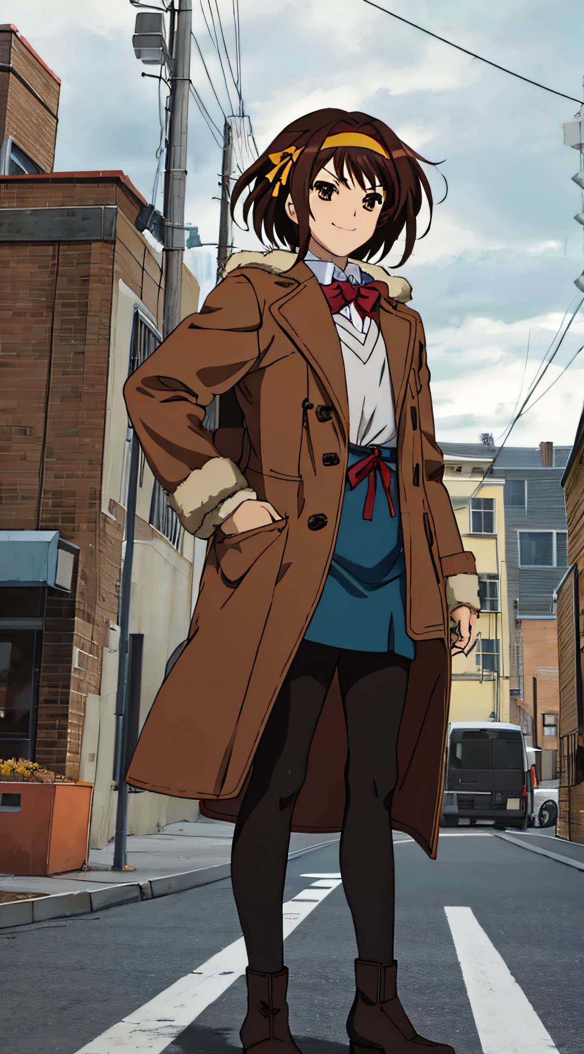 masterpiece, best quality, high definition, 1girl, solo, superhero, coat, red coat, brown hair, short hair, brown eyes, hair headband, medium hair, ribbon, boots, matching shoes, blue shoes, medium chest, cowboy shot, standing, smile, city background, Haruhi Suzumiya, Kyoi Haruhi style, winter, autumn, cloudy