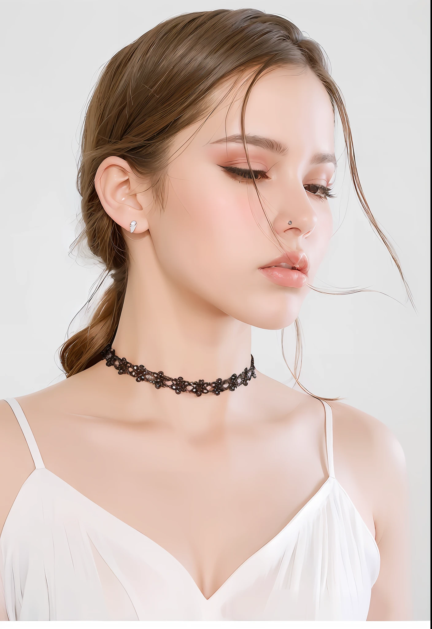a close up of a woman wearing a white dress and a black choker, wearing intricate black choker, wearing black choker, a black choker, choker on neck, wearing choker, black choker necklace, black choker, choker around neck, choker, choker necklace, black leather choker, black jewellery, steel choker, attractive neck, black jewelry, wearing gold detailed choker