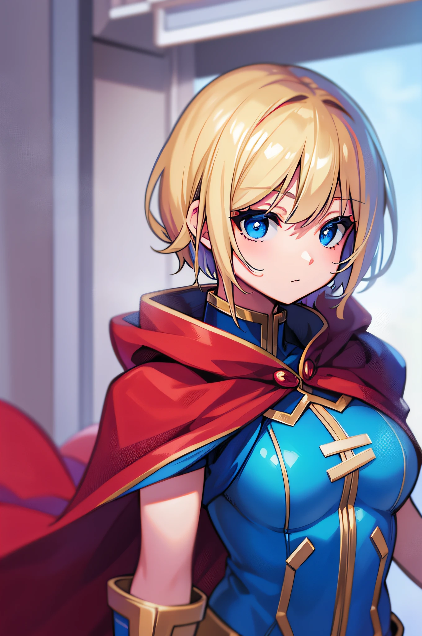 Blonde girl, blue eyes, blue chewy superhero costume, shoulder-length short hair, red cape