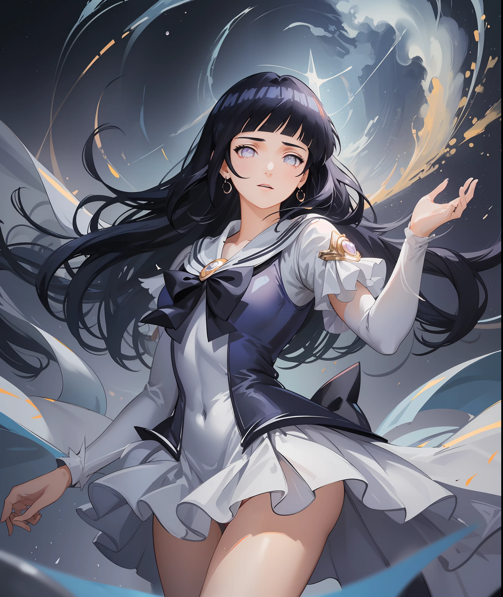 (masterpiece: 1.2, best quality), (beautiful finely detailed eyes: 1.2), (extremely detailed CG unit 8k wallpaper, masterpiece, best quality, ultra-detailed, best shadow), (detailed background), (beautiful detailed face, beautiful detailed eyes), High contrast, (best lighting, an extremely delicate and beautiful),1girl,((splashes of colored paint on background in space, dulux,)), dynamic angle, beautiful detailed brightness, whole body, Cowboy shot, black hair, gray eyes, Star Guardian, Magic Girl, Sailor Moon, Full Body, ((Hands next to body))