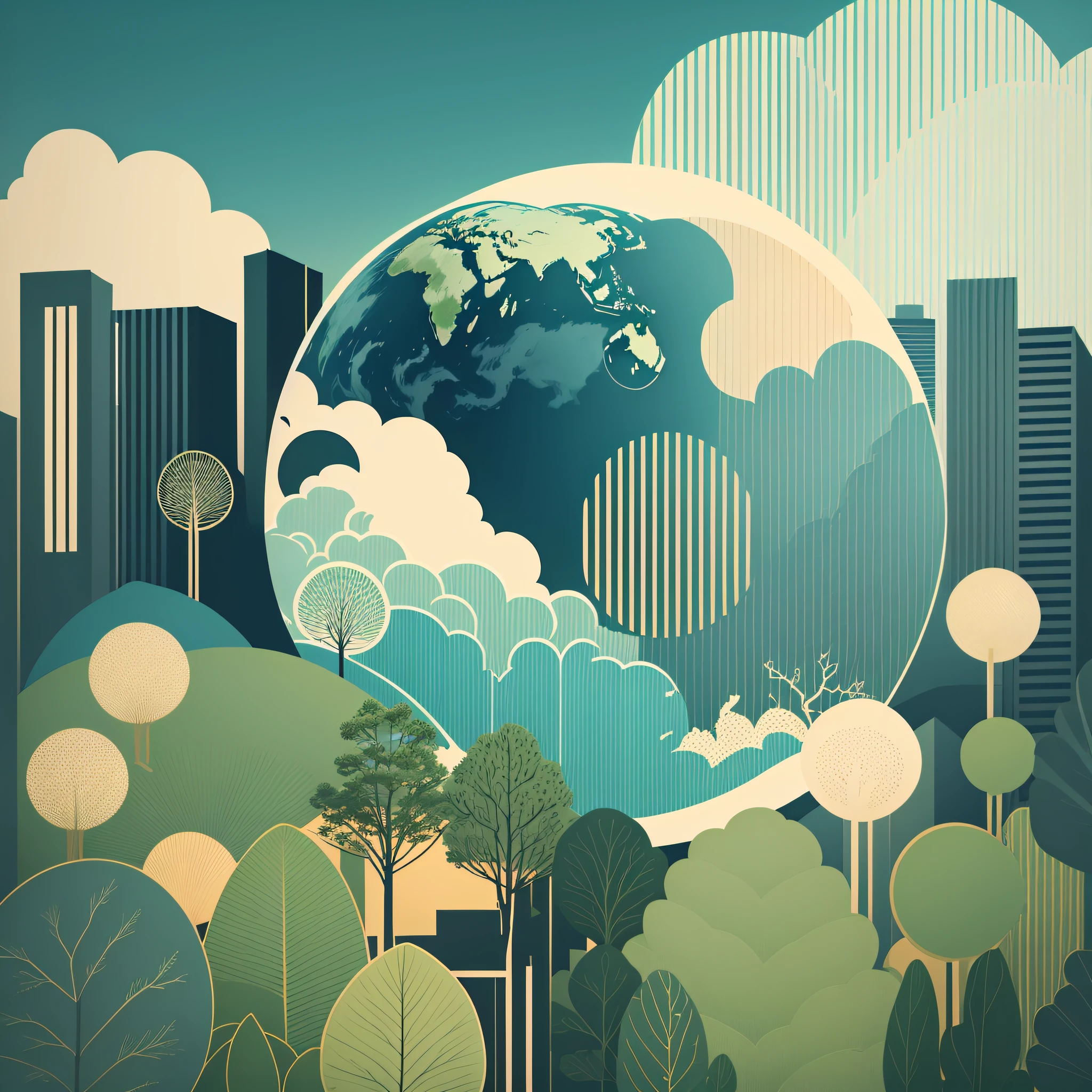 Posters, earth, urban home, beautiful scene, harmonious coexistence between man and nature, flat illustration --auto --s2