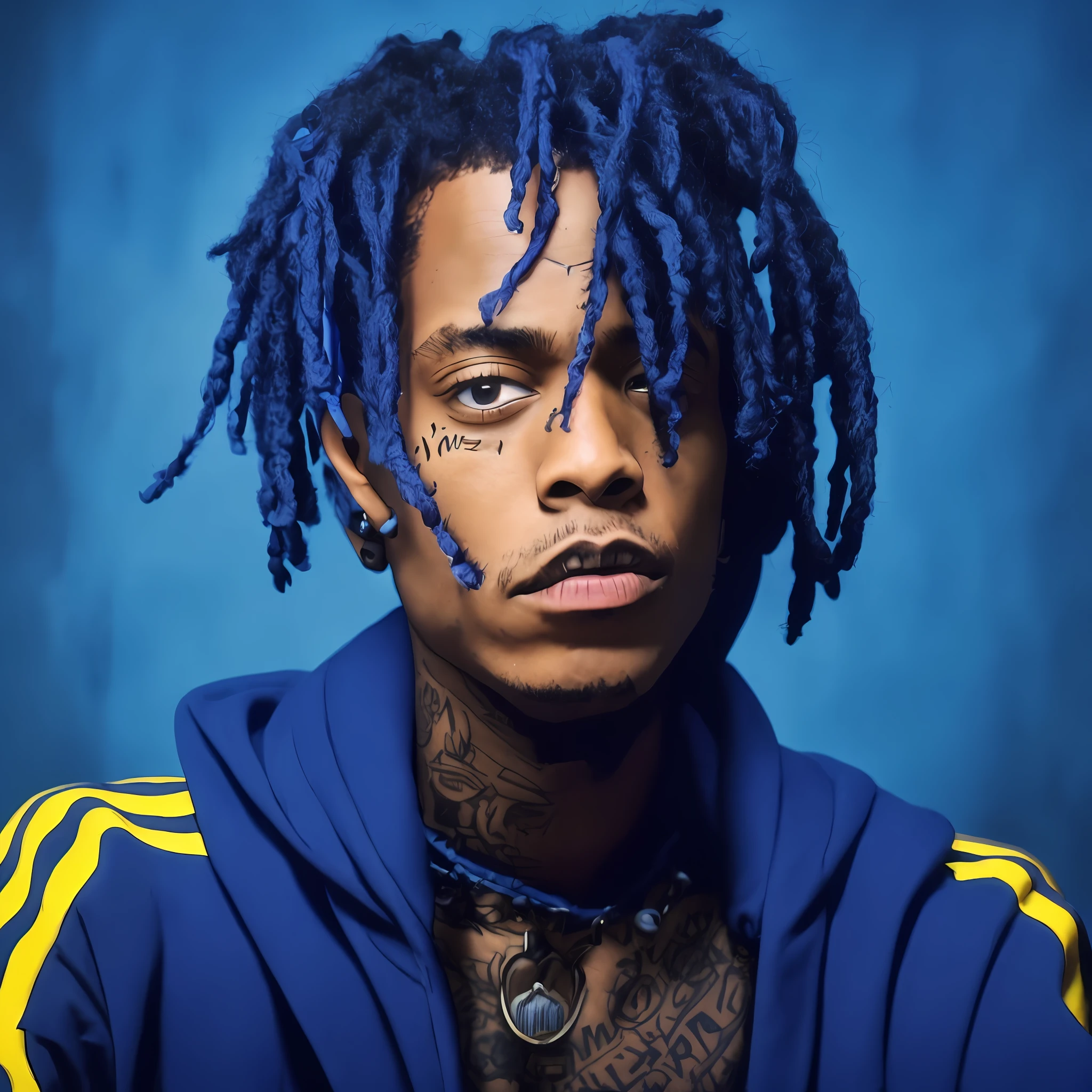 arafed man with blue dreads and a black hoodie, xxxtentacion, trippie redd, playboi carti, playboi carti portrait, wiz khalifa, syd, lil uzi vert, blue dreadlocks, taken in the early 2020s, jean michel basquiat, tyler, jean - michel basquiat, dark blue skin