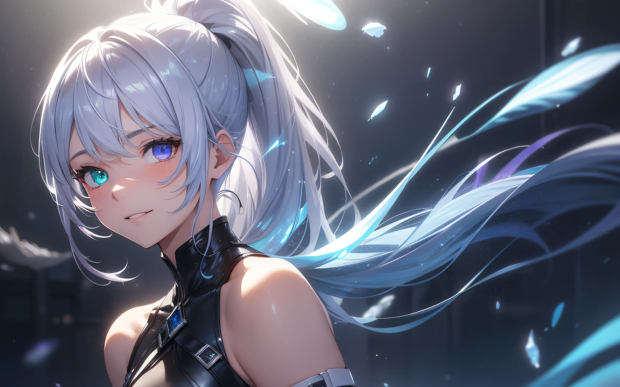 masterpiece, Top quality, Photorealistic, Ultra detailed, Delicate, Orderly, High detail, Bluish-silver ponytail, (drooping heterochromia iris:1.3), little,, embarassed,smile,slender,cowboy shot, blurred background,(one girl),game cg,Dynamic Angle,(bioluminescent hair,glowing eyes:1.2),ambient occlusion, ambient light,ray-traced reflections, shine,glowing aura, glowing hair,