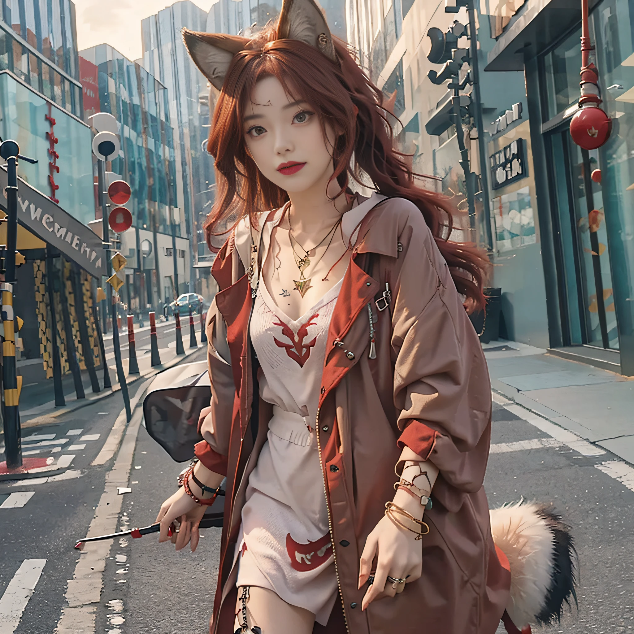 Wolf girl, red hair, wolf tail, wolf ears, necklace, anklet, tattoo, young, trench coat, golden eyes, fangs, bracelet, street