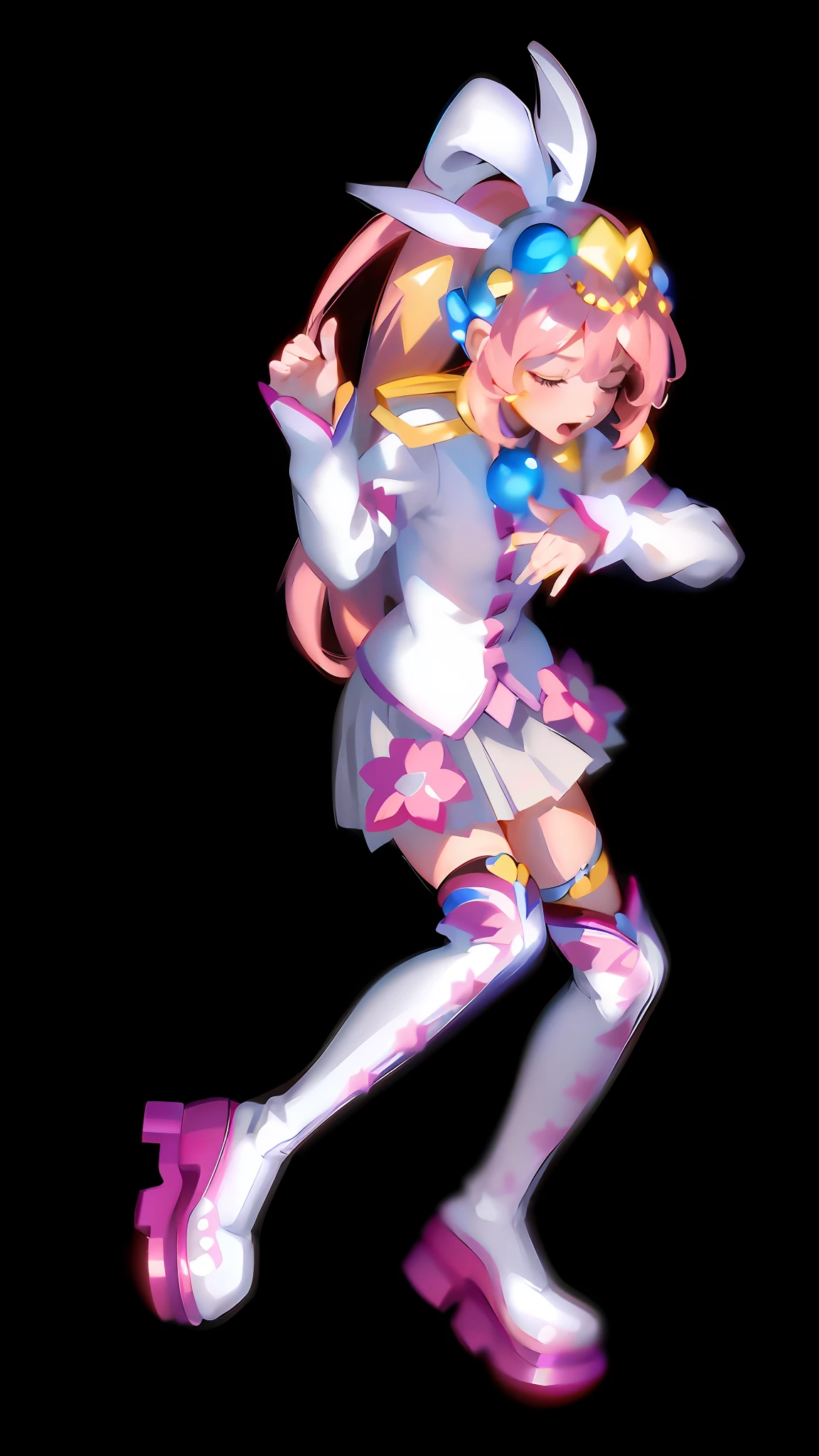 ((cute + dynamic: 1.2), (masterpiece: 1.5), (best quality: 1.5), hand-drawn 8K wallpaper, 1 girl, closed eyes, slightly open mouth, cover face pain, teary eyes, single ponytail + (pink hair: 1.3), beautifully hand-painted, flowing long hair, charming sight, white shirt + pink skirt + over-the-knee socks: (1.2), fine tiara, white boots: (1.2), smooth legs: (1.2), no background: (1.5))