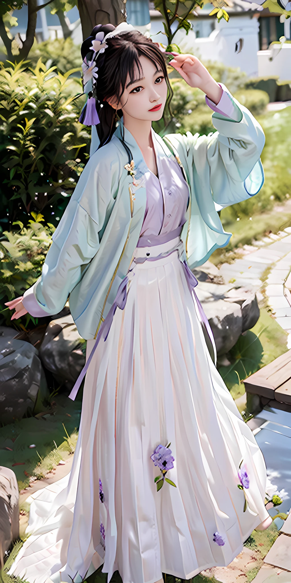 (8k, best quality, masterpiece: 1.2), (realistic, realistic: 1.2), (background sky: 1.2), (face close-up: 1.2), looking at the audience, hanfu, song-style clothes, 1girl, (green skirt: 1.2), (white pleated skirt 1.2), (purple flower pine ink: 1.1), face close-up, detailed face, hanfu, song, long shan, pleated skirt
