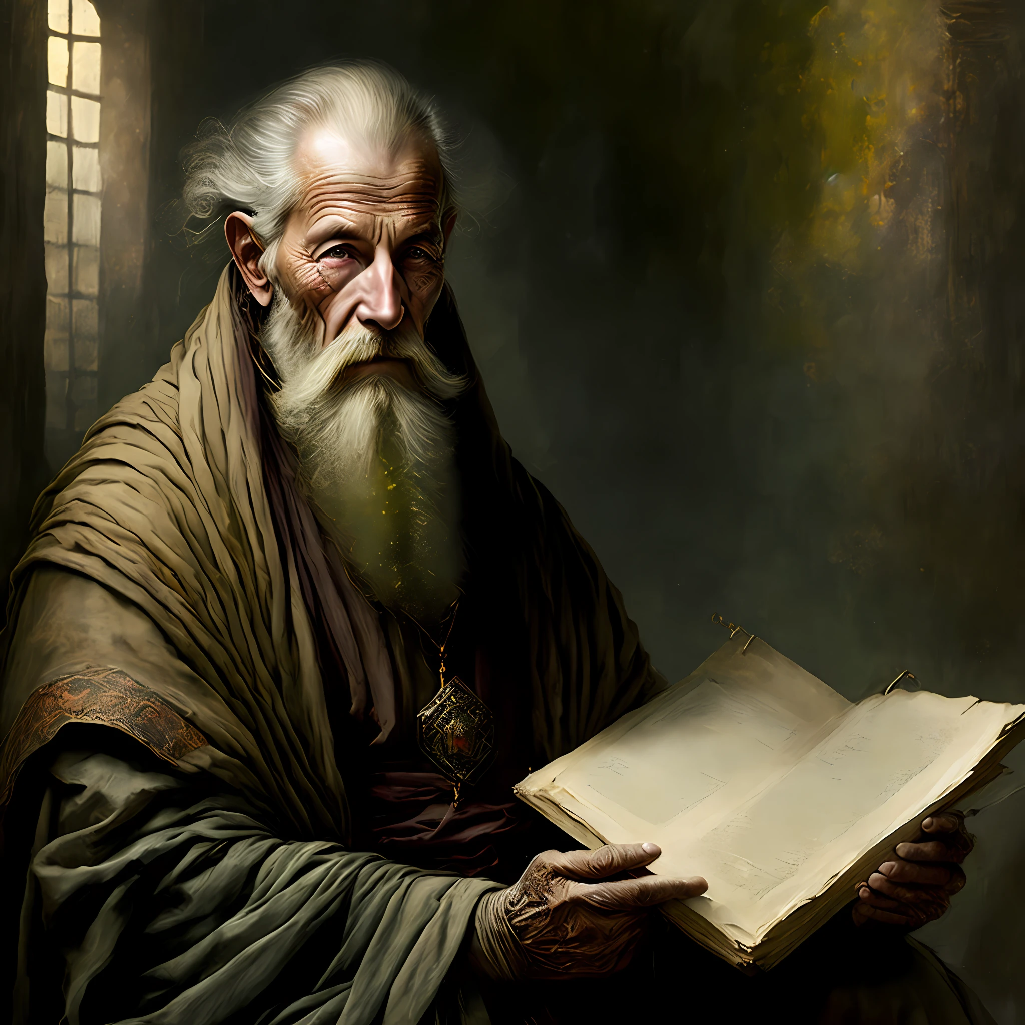A very old and handsome gentleman, who looks like a monk with the face of a sage and who brings an art of tranquility and peace holding a manuscript
