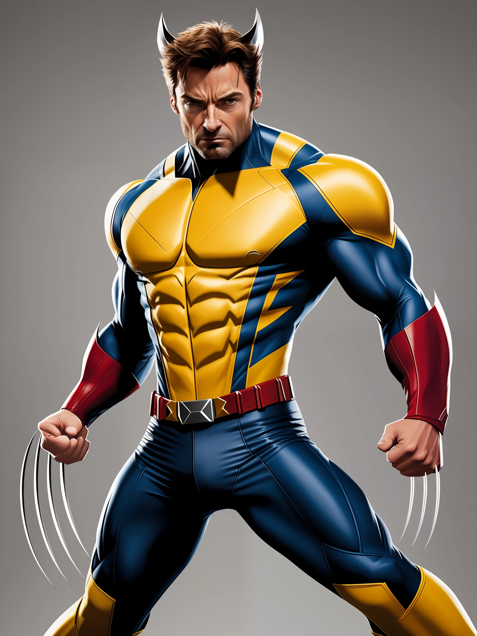 Develop a realistic visual representation of a Wolverine-inspired character, resembling actor Hugh Jackman, wearing the iconic Wolverine costume from the '90s animated series. The character should be depicted displaying Wolverine's distinctive traits, be sure to capture the essence of the character, but without the mask that partially covers the face