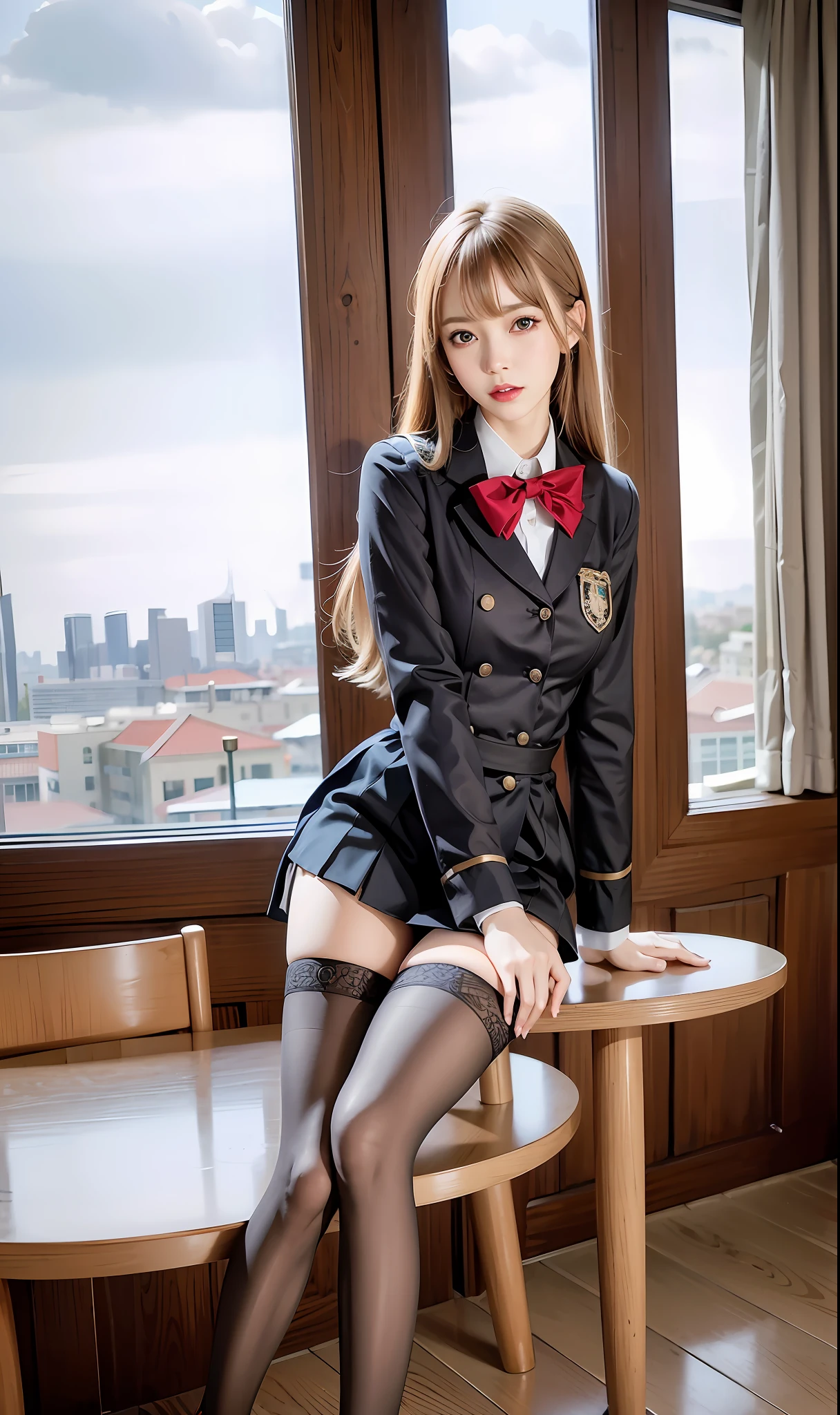 there is a woman sitting on a table in a uniform, jk uniform, girl wearing uniform, japanese girl school uniform, anime girl cosplay, japanese school uniform, wearing headmistress uniform, a hyperrealistic schoolgirl, thighhighs and skirt, magical school student uniform, hyperrealistic schoolgirl, magic school uniform, gilded black uniform, in black uniform, wearing japanese school uniform