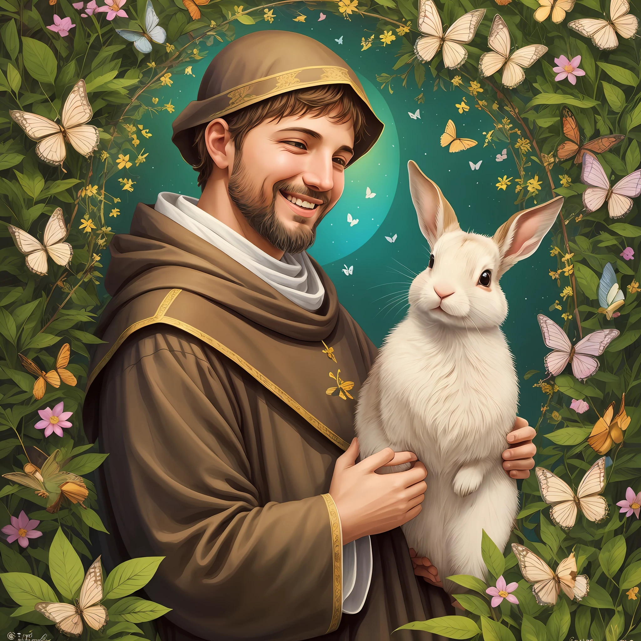 Describe an image of St. Francis that conveys a sense of joy and tenderness. St. Francis is depicted as a kind and smiling man, surrounded by friendly and playful animals. He is in a sunny setting, in a green field with colorful flowers. St. Francis is wearing a light brown habit and holds a little bird in his outstretched hands, while a curious rabbit hops around him. In the background, there is a leafy tree with butterflies fluttering around. St. Francis's face is lit up with a warm and loving smile, radiating peace and happiness. The colors of the illustration are soft and vibrant, creating a cheerful and inviting atmosphere. This image conveys the message of love and care for animals and nature, portraying St. Francis as a special friend to children. --auto --s2
