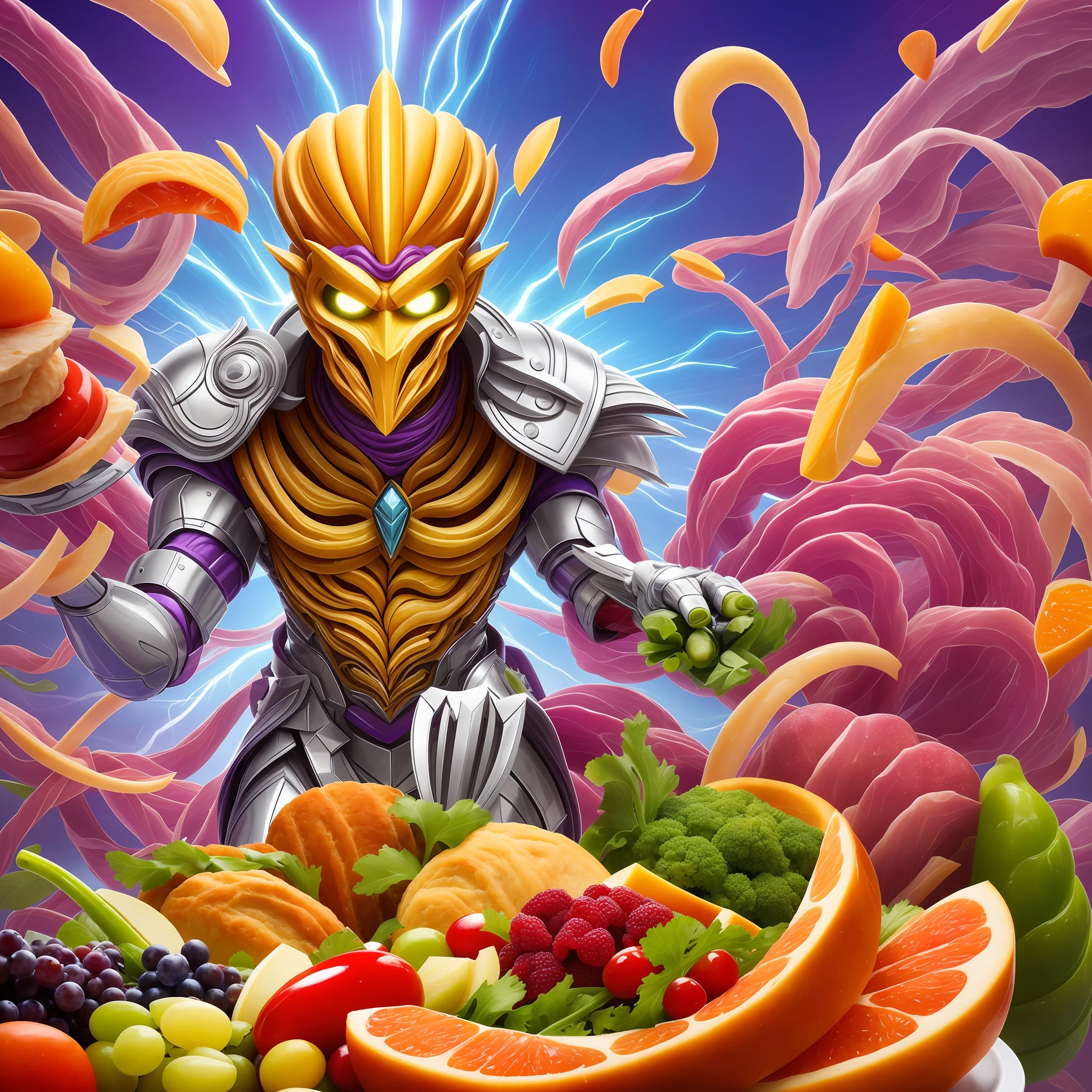 Hungry Eyes takes the form of a tall, slender human figure with a commanding presence. Your body is made up of a flexible, shiny armor made of exotic foods. His face mask is elegant and has leaky eyes, conveying an expression of curiosity and hunger.
The foods that make up the armor are varied and colorful, creating a vibrant and eye-catching appearance. We can visualize fruits, such as apples, grapes and bananas, mixed with breads, including croissants and baguettes. In addition, we see pieces of meat, such as chops and steaks, intertwined in the structure of the Stand.
Hungry Eyes' hands have sharp, cutlery-like claws that add a distinctive touch to their appearance. Their feet end in fork-like shapes, reinforcing the connection to the food theme.
While the Stand is in action, he is able to summon massive amounts of food around him. We can imagine these foods floating around them, in an almost ethereal representation. The Stand user can manipulate the properties of these foods, shaping them into amazing destination paths.
The paths created by Hungry Eyes are three-dimensional and highly flexible. They can bend, twist and stretch in unexpected ways, providing a wide range of possibilities for the user. These destination paths can resemble intricate food trails, snaking through the air and forming complex structures.
Overall, the visual representation of Hungry Eyes would be an impressive mix of vibrant colors, food textures, and unusual shapes. This image would reflect the unique and creative nature of the Stands in JoJo's Bizarre Adventure, and convey a sense of power and unpredictability.