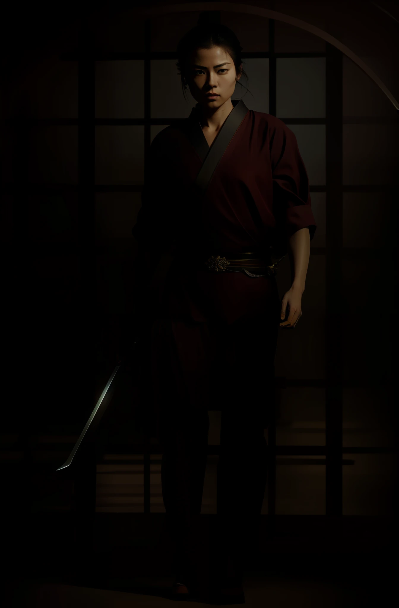 a female samurai holding a sword, walking towards the camera, dramatic perspective, dramatic composition, ultra realistic, concept art, sony A9, 45-70mm, F40, photorealistic