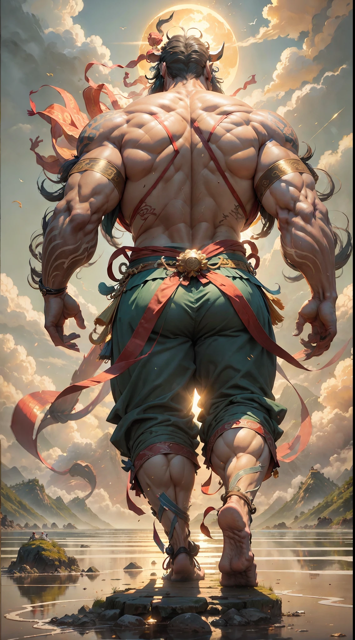 Father chasing the sun, ancient Chinese lux dressed up, burly huge body, thick hands and feet, standing in front of the sun, running with his back to me, the mountain is not yet his knees, the sea water is not yet his ankles, ((back view)), ((Chinese mythology)), high quality, super fine, detailed, accurate, (masterpiece), master work, (16k resolution), movie lighting, dynamic perspective