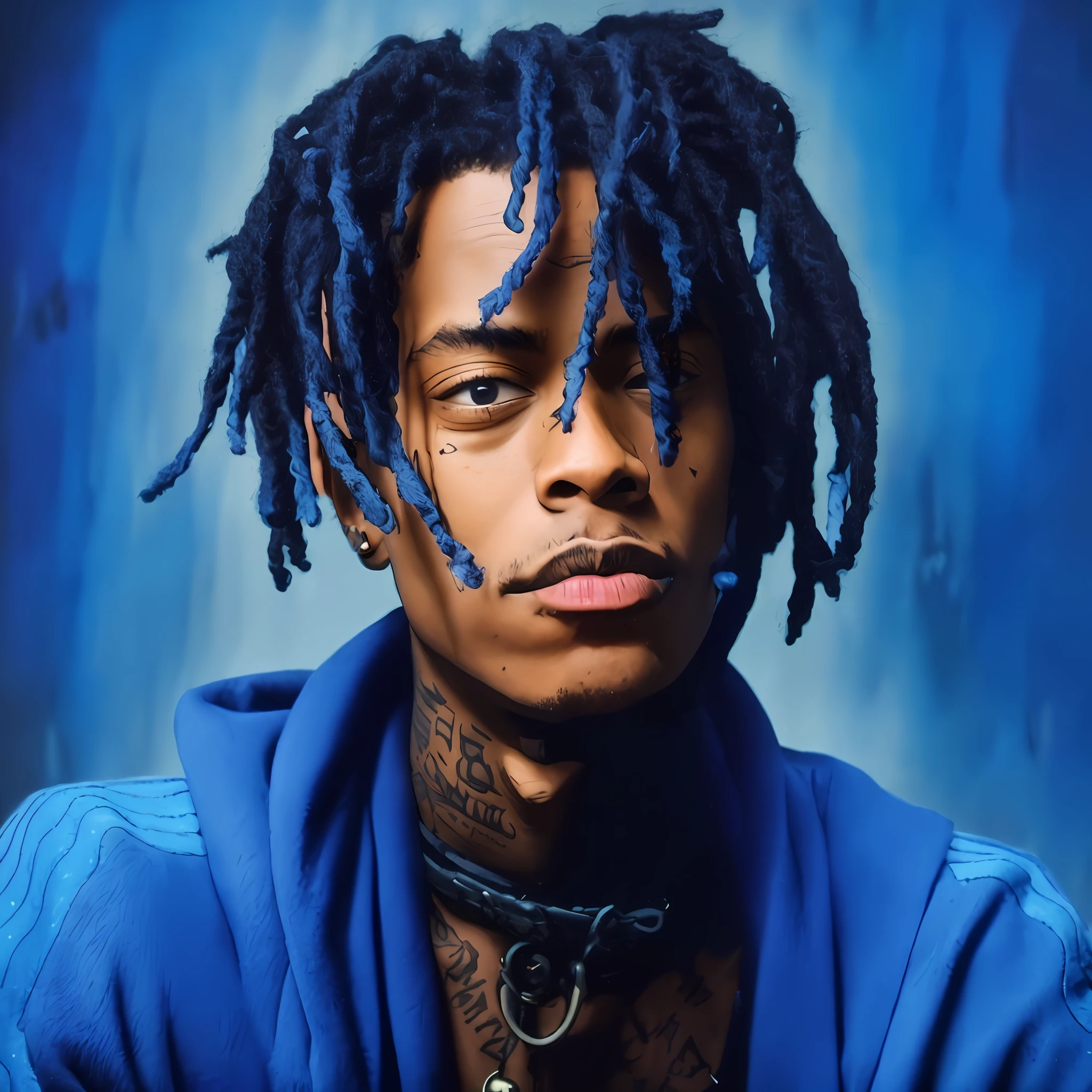 arafed man with blue dreads and a black hoodie, xxxtentacion, trippie redd, playboi carti, playboi carti portrait, wiz khalifa, syd, lil uzi vert, blue dreadlocks, taken in the early 2020s, jean michel basquiat, tyler, jean - michel basquiat, dark blue skin