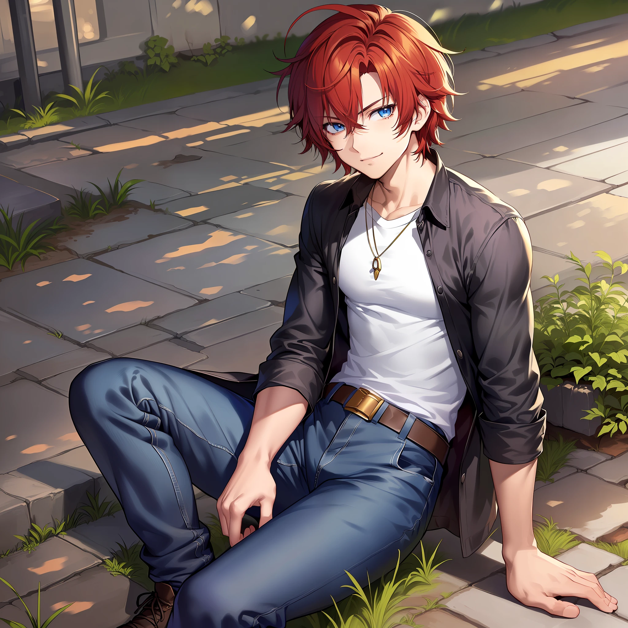 2D anime character, anime character, 2d character, male character, male anime character, solo character, 1 character, male character alone, light skin, light-skinned character, beautiful skin, red hair, short hair, messy hair, western style, casual clothes, shirt, black shirt, shirt with details, shirt without print, beautiful shirt, cute character, beautiful eyes, blue eyes, light eyes, serious look, corner smile, lip smile, beautiful background, landscape background, park, character sitting, sitting on bench, character in park, black pants, pants with details, golden details on pants, belt, white belt, belt on pants, athletic body, beautiful body, perfect body, beautiful legs, beautiful arms, perfect hands, beautiful hands, beautiful picture, perfect picture, perfect picture, perfectionism, detailed image, best quality, perfectionism, focused image, approximate image, character with only two legs, normal physiognomy, character with only two arms, normal body