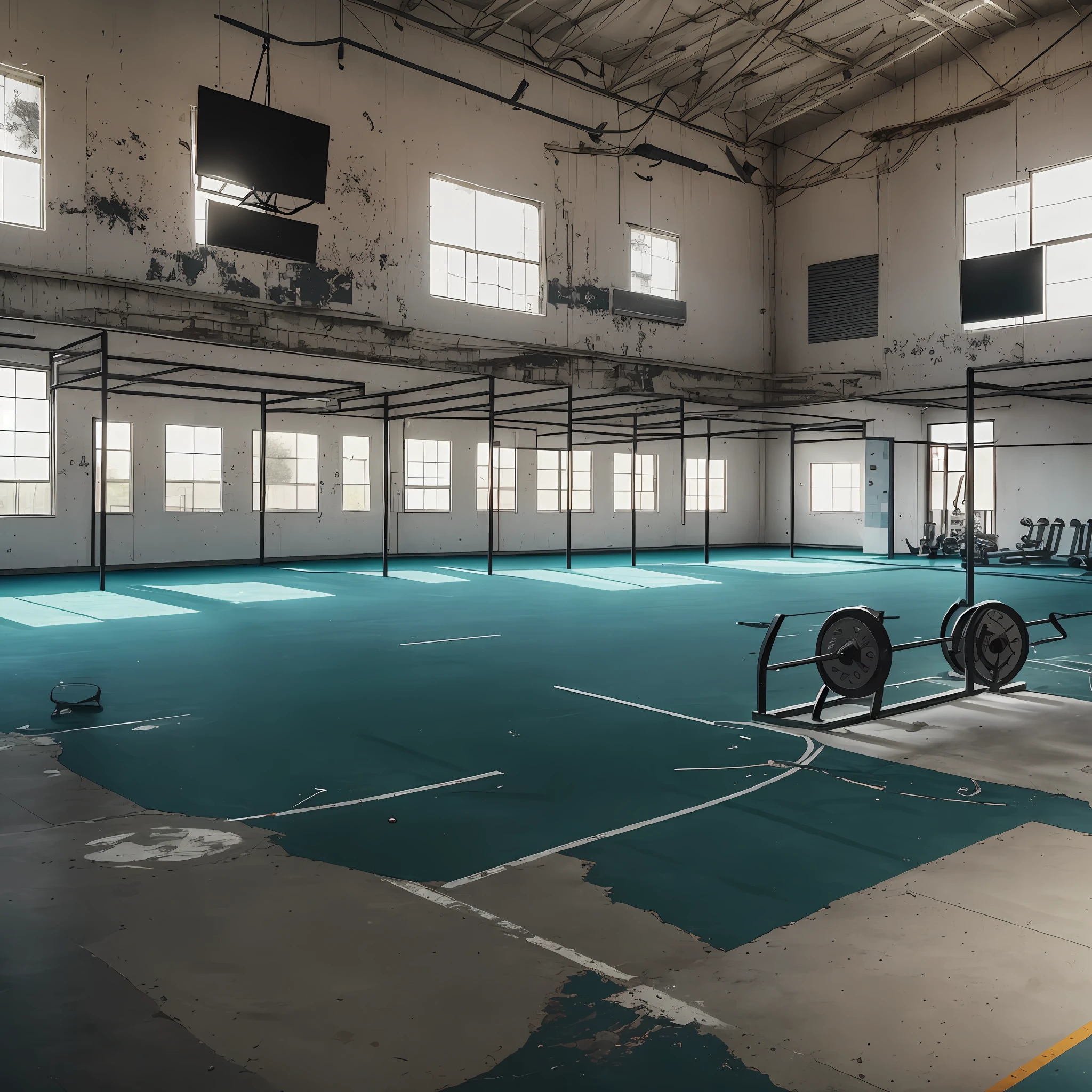 liminal spaces,
A deserted, dusty gym with flashing lights and tattered seats, empty space, halters and washers, gym. --auto --s2