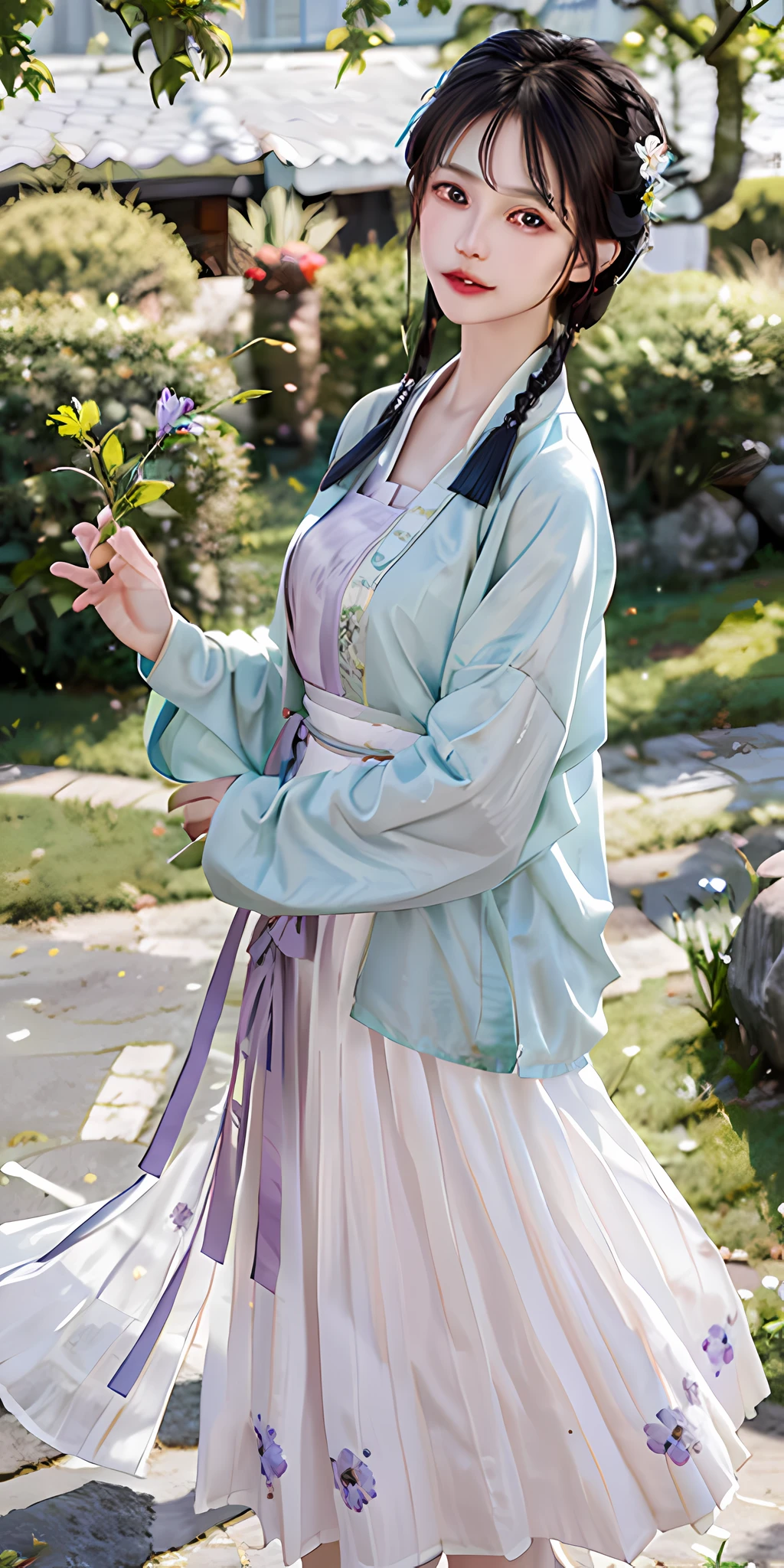 (8K, Best Quality, Masterpiece: 1.2), (Realistic, Realistic: 1.2), (Background Sky: 1.2), (Face Close-up: 1.2), Looking at the Audience, Hanfu, Song Style Clothes, 1girl, (Green Short Skirt: 1.2), (White Pleated Skirt 1.2), (Purple Flower Pine Ink: 1.1), Face Close-up, Detailed Face, Hanfu, Song, Long Shan, Pleated Skirt, Cinematic lighting, motion blur, ray tracing, god rays, bloom, drop shadow, close-up, lens flare, UHD, masterpiece, ccurate, anatomically correct, textured skin, super detail, high details, high quality, award winning, best quality, highres, 16k, HD