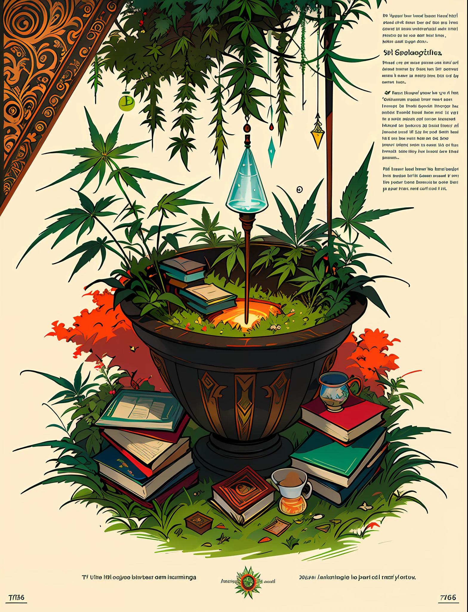 Close up closeup Hemp, leaf, marijuana, cannabis cone, ((illustration)), colorful, wallpaper, energy, secret, magical environment, magical environment, magic wand, books, pages flying in the sky, omniscience, prediction of the future, understanding the past, frost magic, spells, red hair, long hair, --v 6