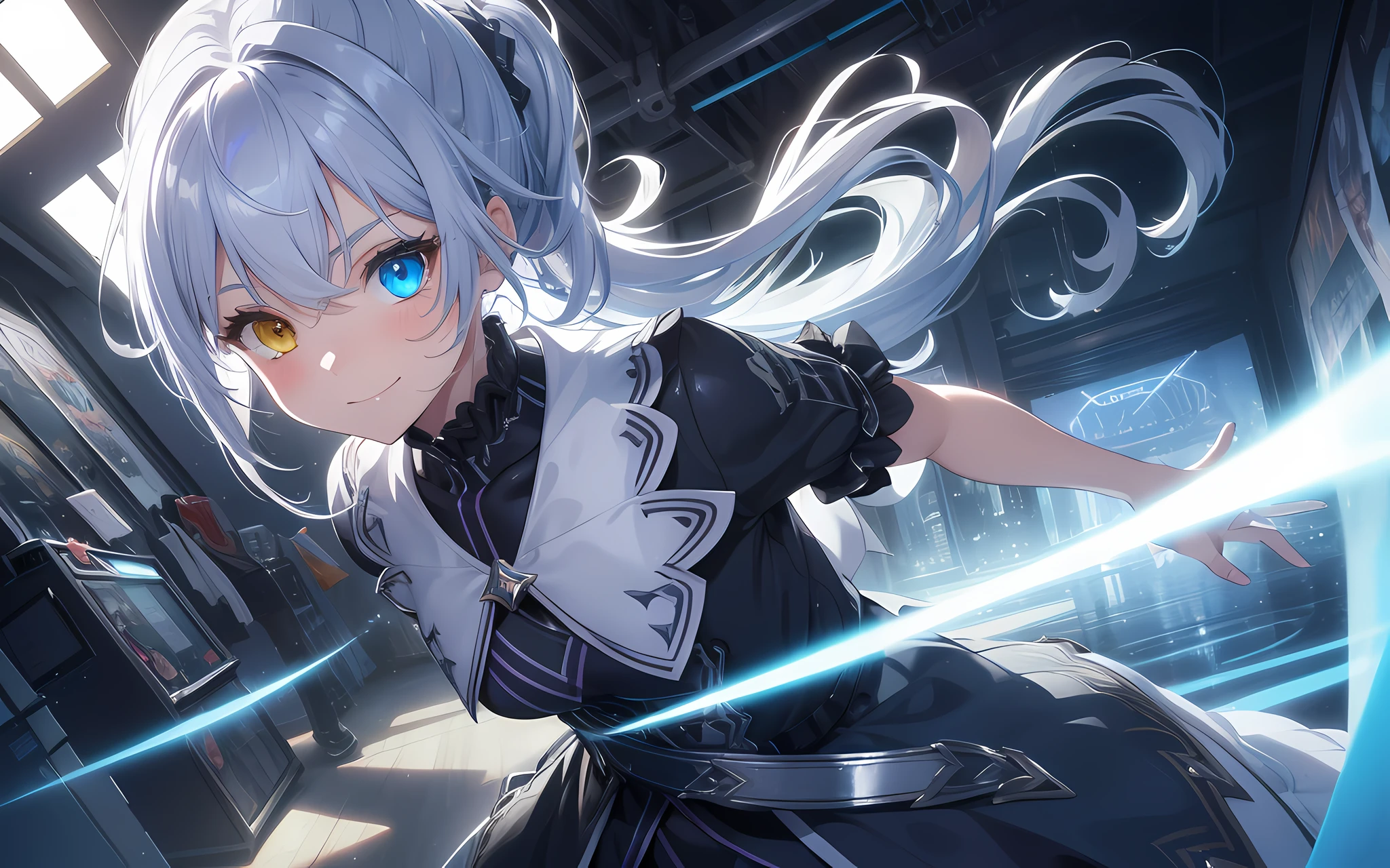 masterpiece, Top quality, Photorealistic, Ultra detailed, Delicate, Orderly, High detail, Bluish-silver ponytail, (drooping heterochromia iris:1.3),child,10 years old, embarassed,smile,slender,cowboy shot, blurred background,(one girl),game cg,Dynamic Angle,(bioluminescent hair,glowing eyes:1.2),ambient occlusion, ambient light,ray-traced reflections, shine,glowing aura, glowing hair,