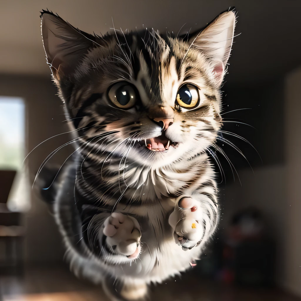 masterpiece, highly detailed,photorealistic, HDR, 8K, high detail,best lighting, best quality, detailed face, a cat is jumping, babylihua,
