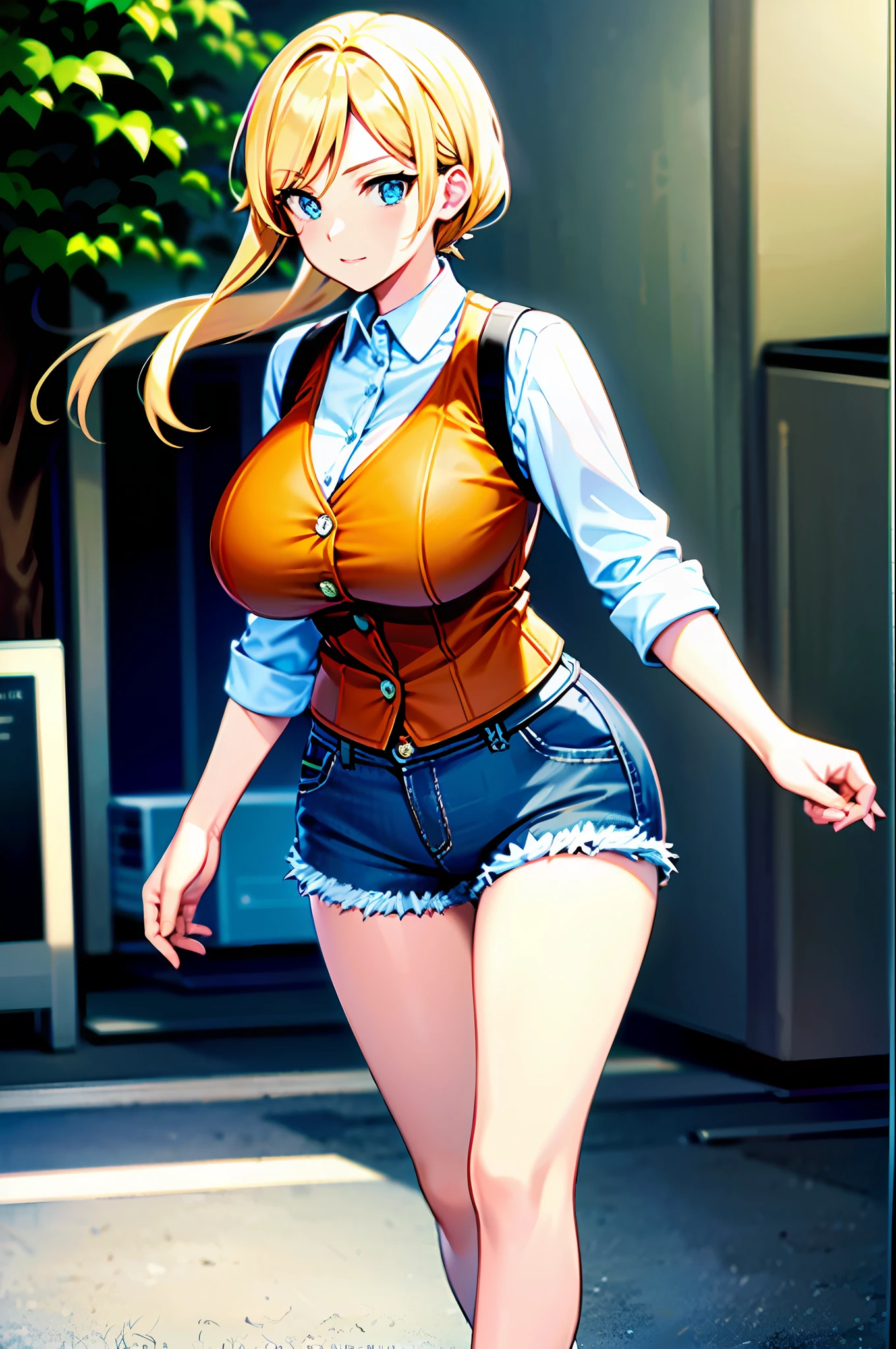 (best quality: 0.8), (best quality: 0.8), perfect anime illustration, close-up portrait of a beautiful woman milf walking around town,blonde hair,gigantic breasts,wearing short dark brown jeans shorts and a brown denim vest